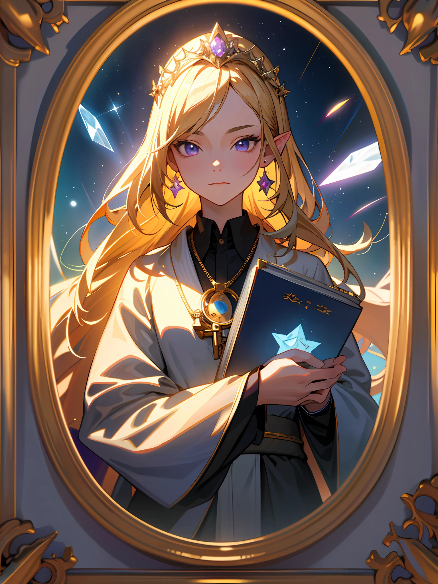 ((Picture Frame)), (Photorealistic: 1.4), (Masterpiece, Sidelights, Elaborate Beautiful Eyes: 1.2), Masterpiece * Portrait, Realistic Kei, 3D Face, Blonde Hair, Purple Eyes, Long Hair, Pointed Ears, Wand, Magic Circle, Magic Academy, Starry Sky, Earrings, Jewelry, Key Necklace, Diamond Headdress, Magic Robe , White Cape, Flying Book