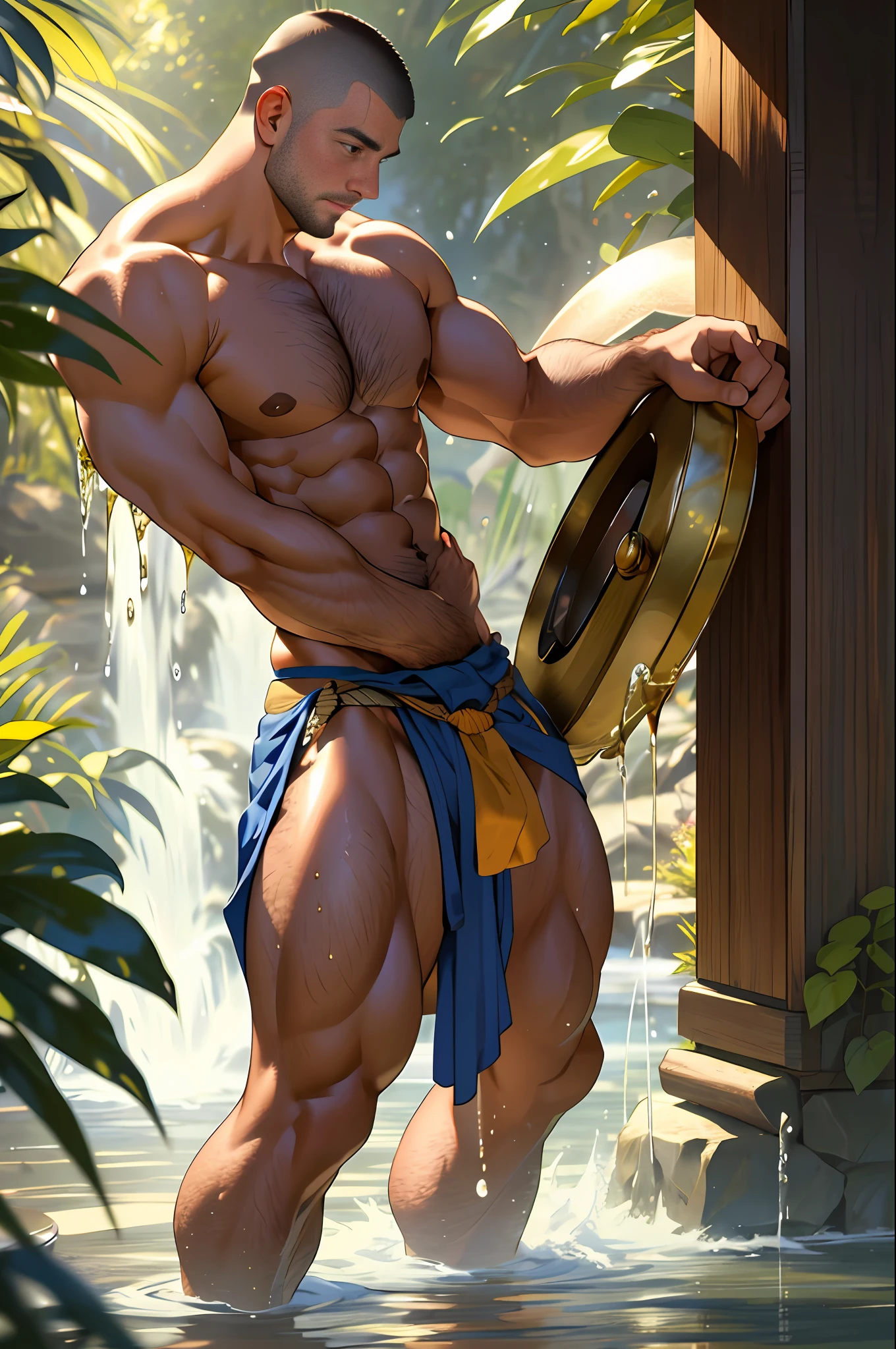 2man,masterpiece,best quality, the most attractive masculine 30 year old male, (very small loincloth), splashing liquid gold,hairy body,depth of field, buzz cut, full body, (naked), Erotica, full body, rags,