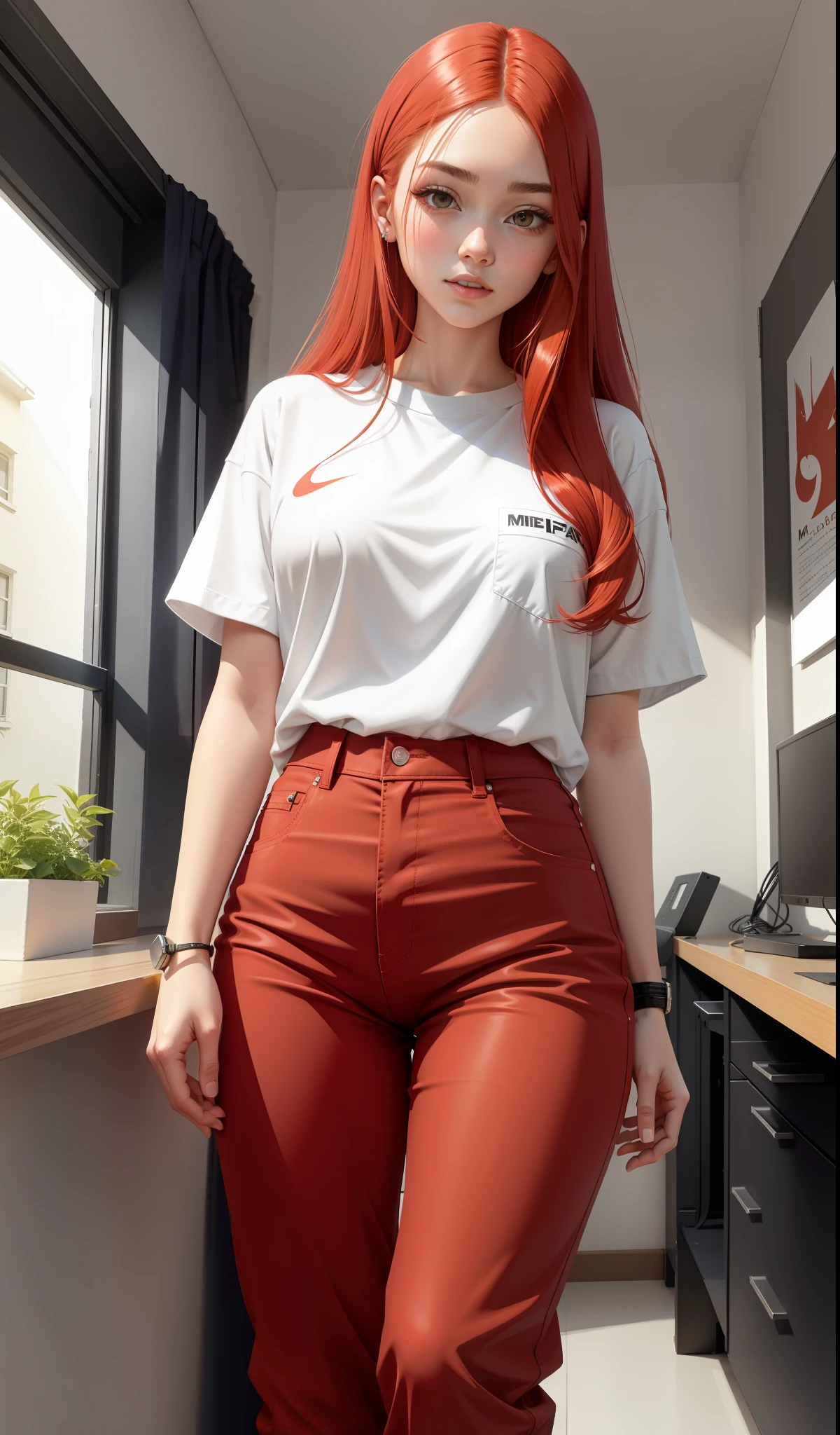 a woman in a white shirt and red pants is playing video game, simple style, wearing elegant casual clothes, muted red, simple clothes, milk and red style, casual clothing style, modern fashion outfit, wearing a fisher , casual modern clothing, inspo, red clothes, red pants, neutral tones, rred and white color scheme, casual business outfit, scary face, nike shoes, 22 years old, adult face, long hair, ((red hair))