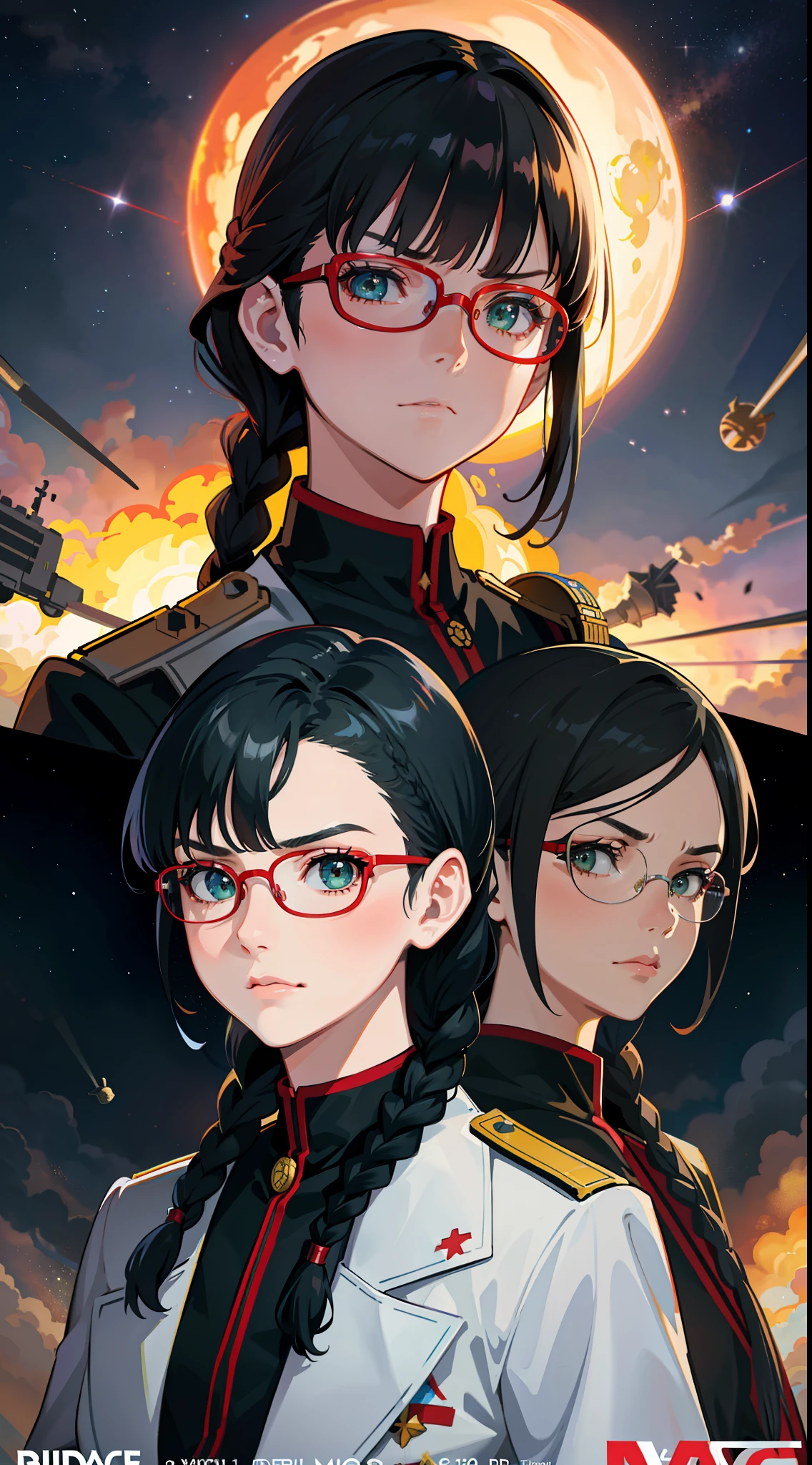 Movie Poster,((Braid Hairstyle : 1.5)),Anime Reference 86 ,Science Fiction,Sci-Fi,Movies,War Action Movies,Space,Atmosphere,Sky,Battleship,Multiple Characters,Women,Adults,Green Eyes,Black Hair,(Pia bangs hairstyle) : 1.8 ),(Red Glasses),General Uniform,White Commander Uniform,Serious Face Frowning,Realistic Face Detail,Realism,3D Face,