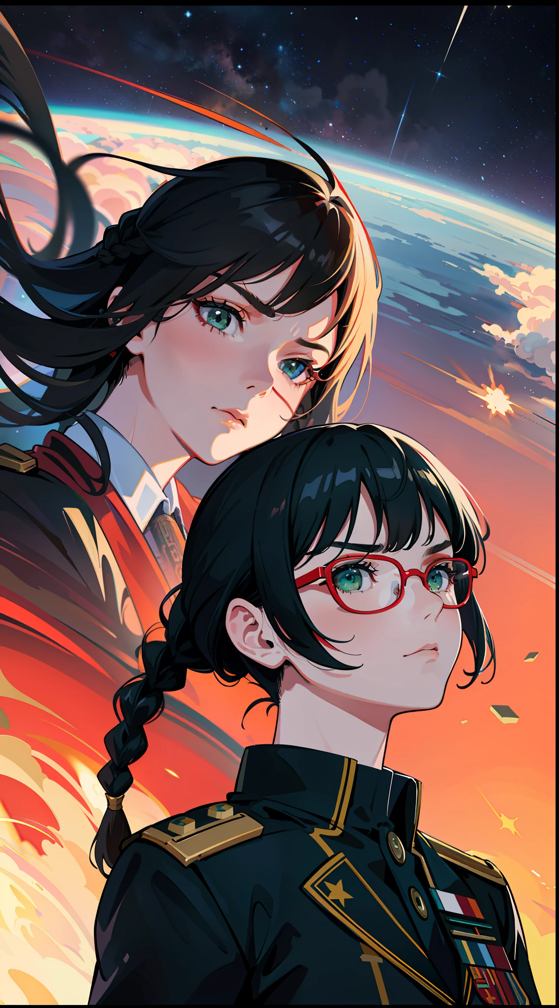 Movie Poster,((Braid Hairstyle : 1.5)),Anime Reference 86 ,Science Fiction,Sci-Fi,Movies,War Action Movies,Space,Atmosphere,Sky,Battleship,Multiple Characters,Women,Adults,Green Eyes,Black Hair,(Pia bangs hairstyle) : 1.8 ),(Red Glasses),General Uniform,White Commander Uniform,Serious Face Frowning,Realistic Face Detail,Realism,3D Face,