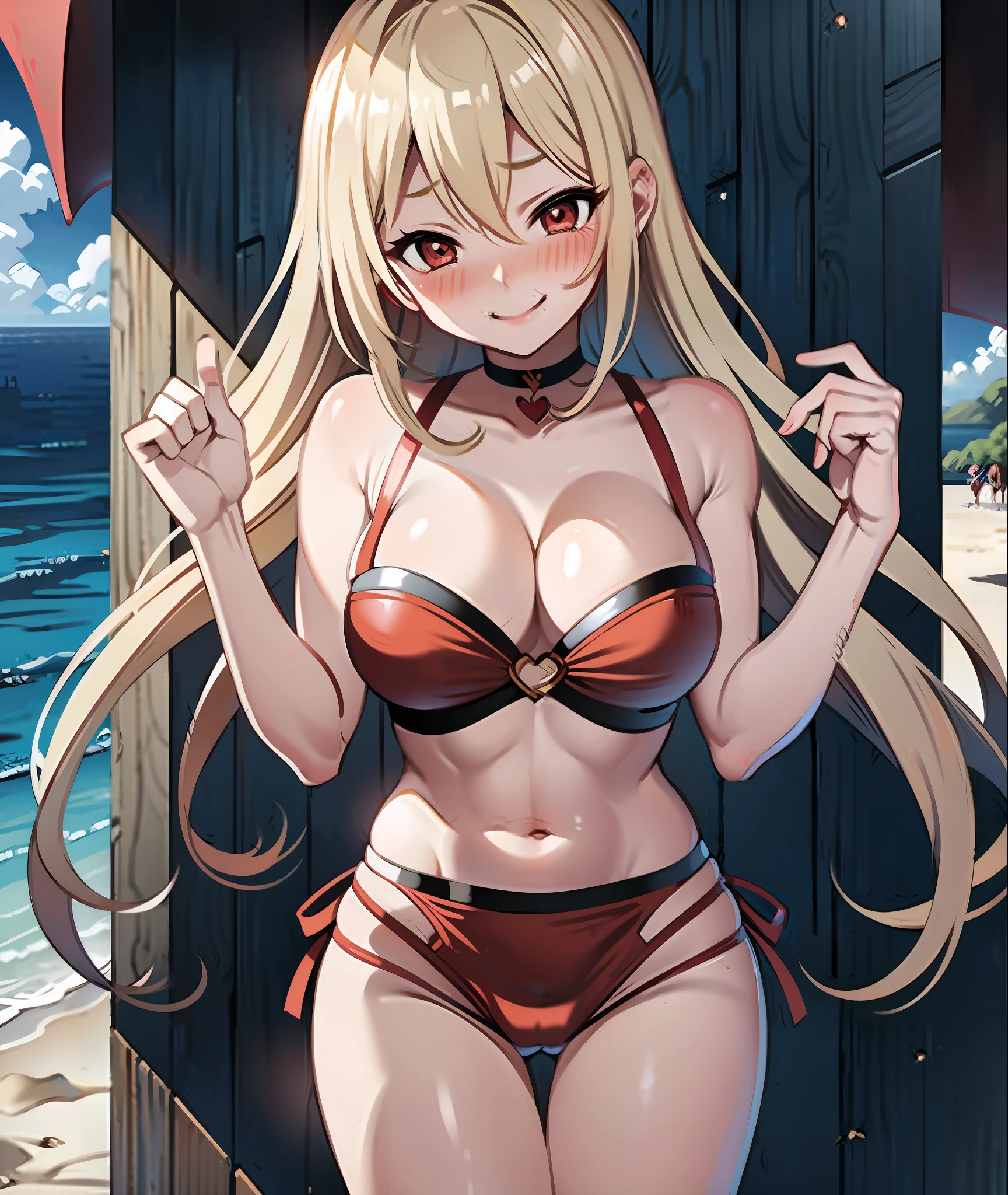 Blonde long hair, f-cup, red bikini, smiling, (erotic pose:1.2), cowboy shot, (blushing face:1.4), beach background