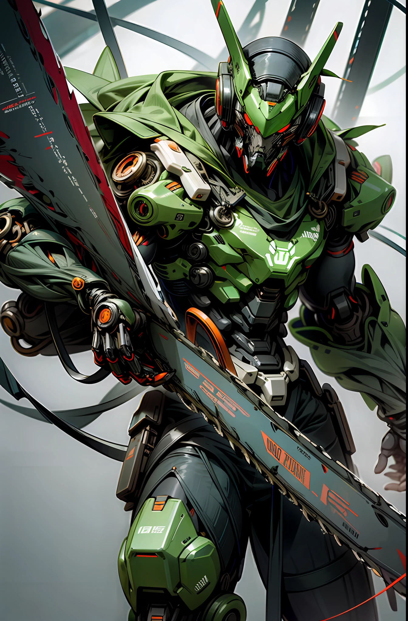 Dark_Fantasy,Cyberpunk,(chain saw,chain saw man,Red:1.1),1man,Mechanical marvel,Robotic presence,Cybernetic guardian, green color
