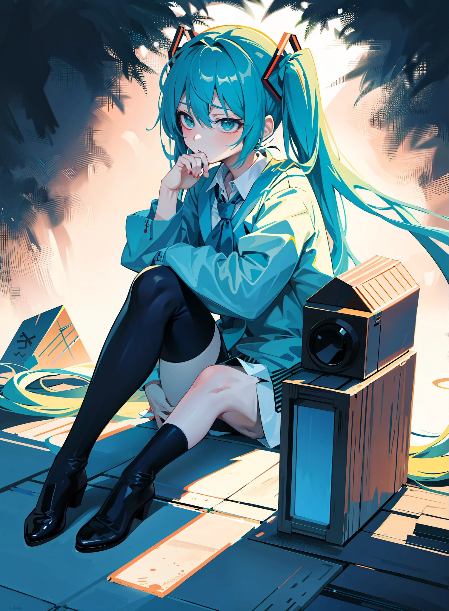 Miku, naughty expression, naughty smell, erotic, sitting pose, stockings,