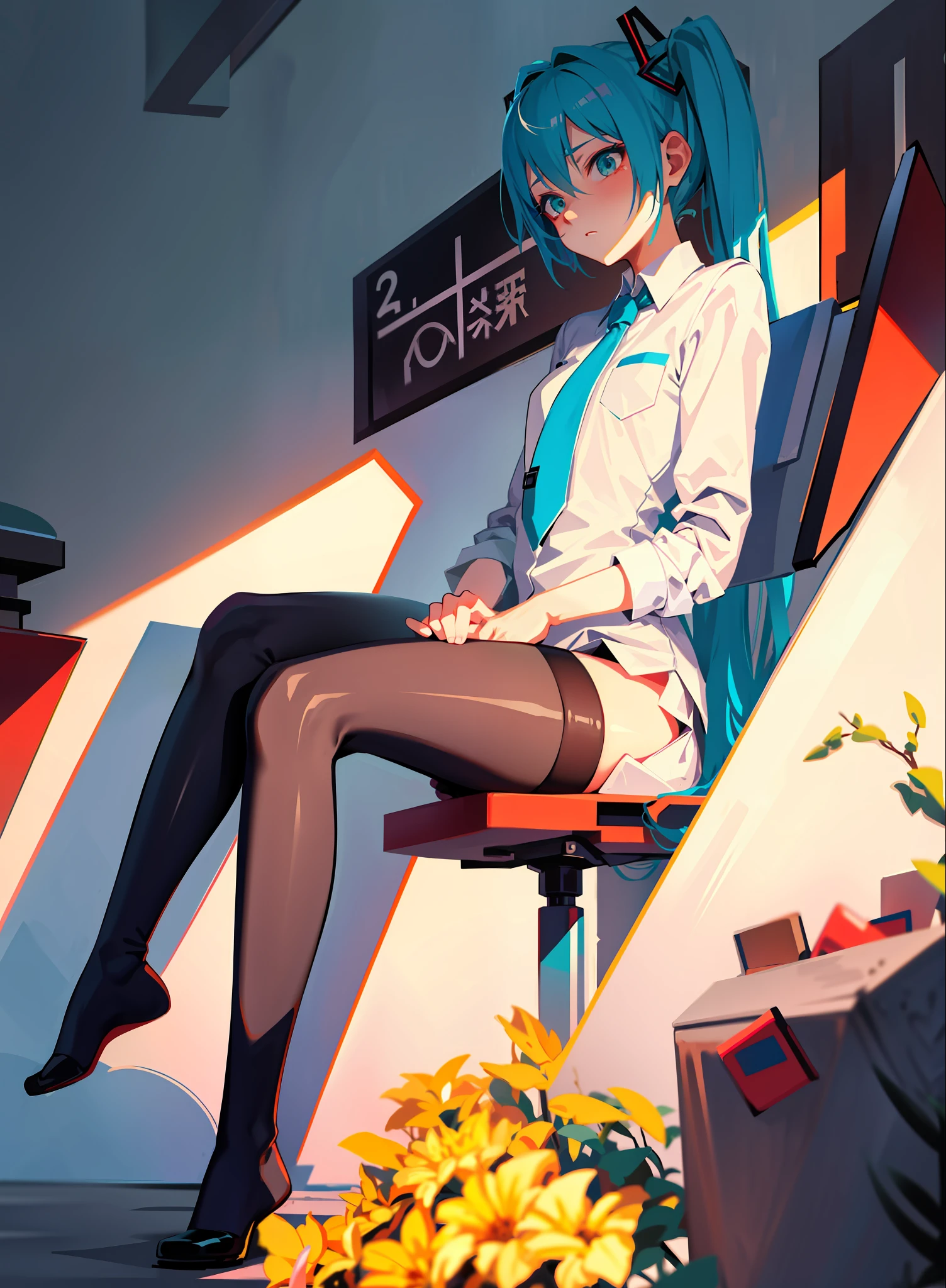 Miku, naughty expression, naughty smell, erotic, sitting pose, stockings,