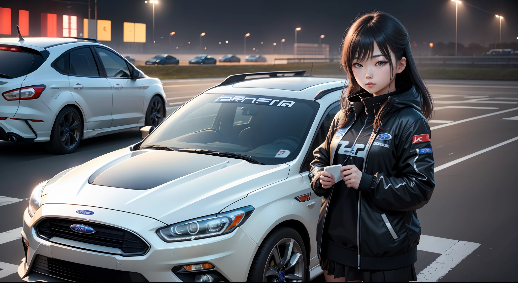 (1 Japanese girl, yimchan),she beside in front of (car ,(Ford, Sports Racing type,Low Kits, Jacket Colour)) masterpiece, best quality,8k, Cenimatic Lighting, masterpiece,City Background,UHD,