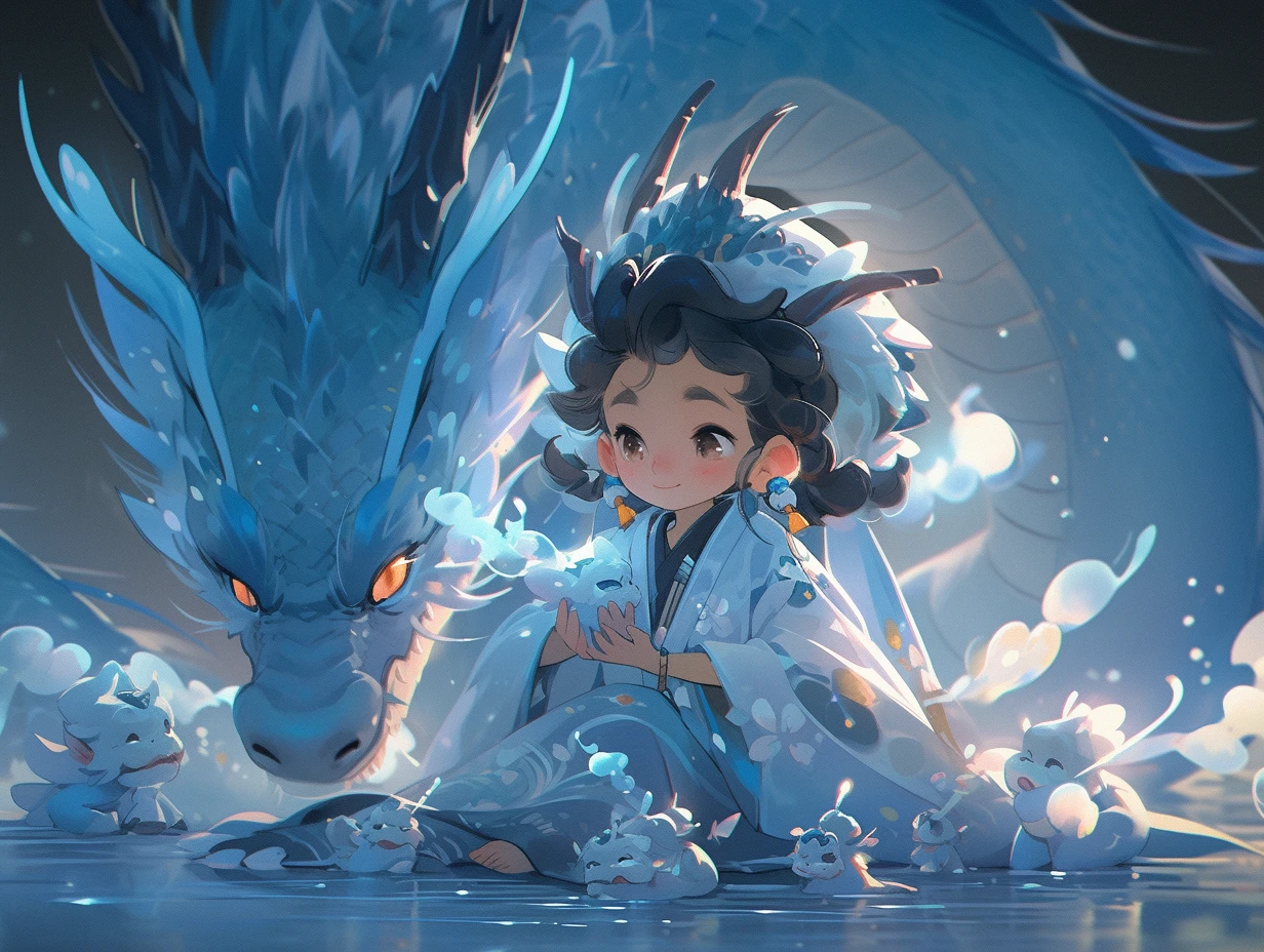 Chinese style, 3d Pixar character style, 3d, toys, tide play, ip, blind box, magic, whole body, cute girl, Hanfu, good smile, long hair, super clear, transparent material of one Chinese dragons, ice cube, drop reflected light, style prism + hibiscus, pure black background, particle, particle, blue light, Trend octane Render on art Workstation, 8K, HD, 3d, c4d, Blender --niji 5 --ar 4:3