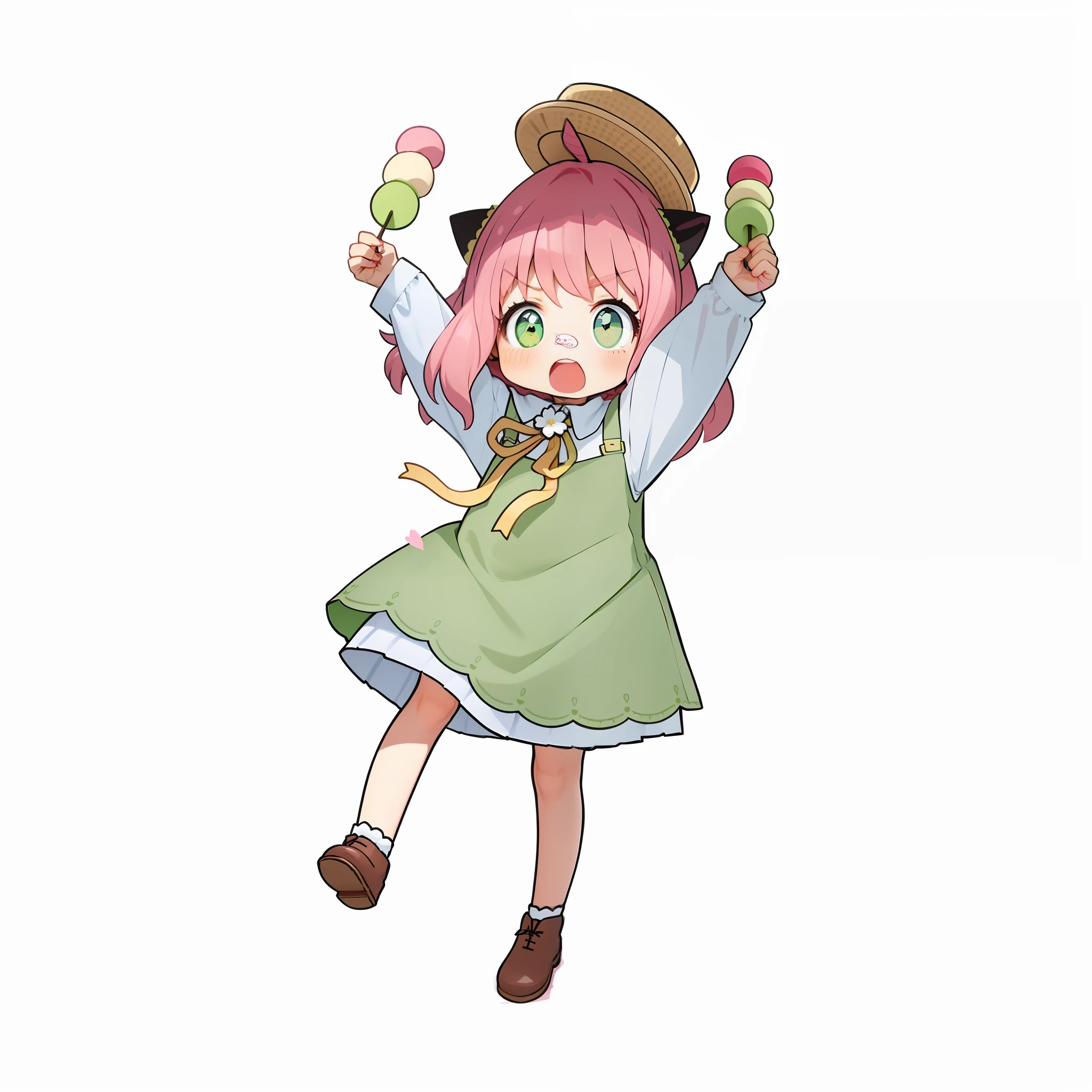 blind box toy style, a cute , pink hair, green eyes, green skirt, lace, white lining, with braided hat, black cat ear decoration, white flower bow tie, yellow silk tie, white lace socks, small leather shoes,