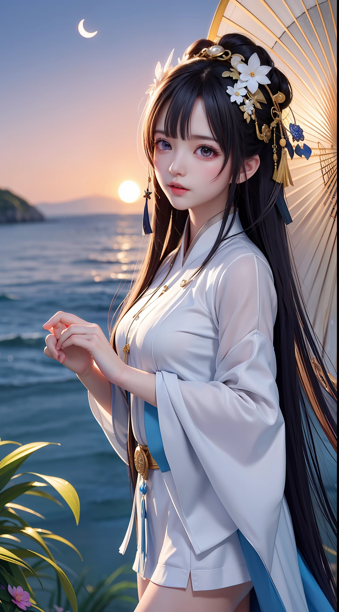 (8k, RAW photo:1.2), best quality, ultra high res,dramatic angle,(fluttered detailed color splashs), (illustration),(((1 girl))),(long hair),(rain:0.9), (头饰:1.4),少女身边有一座古宫,汉服,(重点),彩色水墨画,(泼彩),泼彩,(((colorful))),(素描:0.8) , Masterpiece, best quality, beautiful painted, highly detailed,(denoising:0.6),[splash ink],((ink refraction)), (beautiful detailed sky),moon,highly,detaild,(masterpiece, best quality, extremely detailed） CG unity 8k壁纸，杰作，最好的质量，超详细），（石蒜），