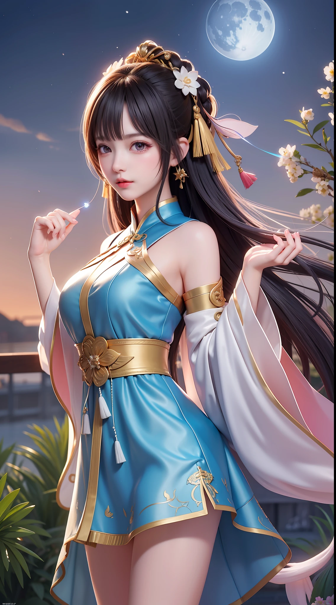 (8k, RAW photo:1.2), best quality, ultra high res,dramatic angle,(fluttered detailed color splashs), (illustration),(((1 girl))),(long hair),(rain:0.9), (头饰:1.4),少女身边有一座古宫,汉服,(重点),彩色水墨画,(泼彩),泼彩,(((colorful))),(素描:0.8) , Masterpiece, best quality, beautiful painted, highly detailed,(denoising:0.6),[splash ink],((ink refraction)), (beautiful detailed sky),moon,highly,detaild,(masterpiece, best quality, extremely detailed） CG unity 8k壁纸，杰作，最好的质量，超详细），（石蒜），