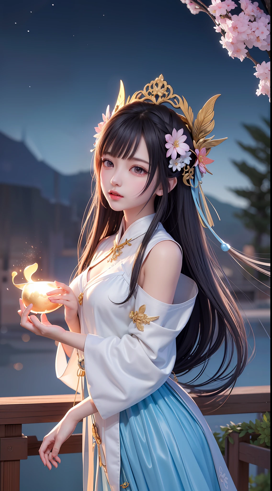 (8k, RAW photo:1.2), best quality, ultra high res,dramatic angle,(fluttered detailed color splashs), (illustration),(((1 girl))),(long hair),(rain:0.9), (头饰:1.4),少女身边有一座古宫,汉服,(重点),彩色水墨画,(泼彩),泼彩,(((colorful))),(素描:0.8) , Masterpiece, best quality, beautiful painted, highly detailed,(denoising:0.6),[splash ink],((ink refraction)), (beautiful detailed sky),moon,highly,detaild,(masterpiece, best quality, extremely detailed） CG unity 8k壁纸，杰作，最好的质量，超详细），（石蒜），
