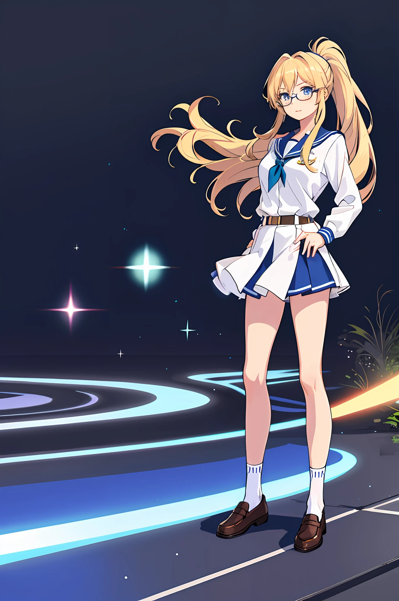 masterpiece, best quality, highres, 1girl, solo, high school uniform, bare legs, aura, blue aura, looking at viewer, light particles, city backdrop, perfect hands, perfect eyes, powering up, perfect legs, perfect arms, perfect fingers, blonde hair, blue eyes, medium breasts, long hair, standing, hands on hip, closed fists, hair down, glasses, ponytail, matching socks, full body,
