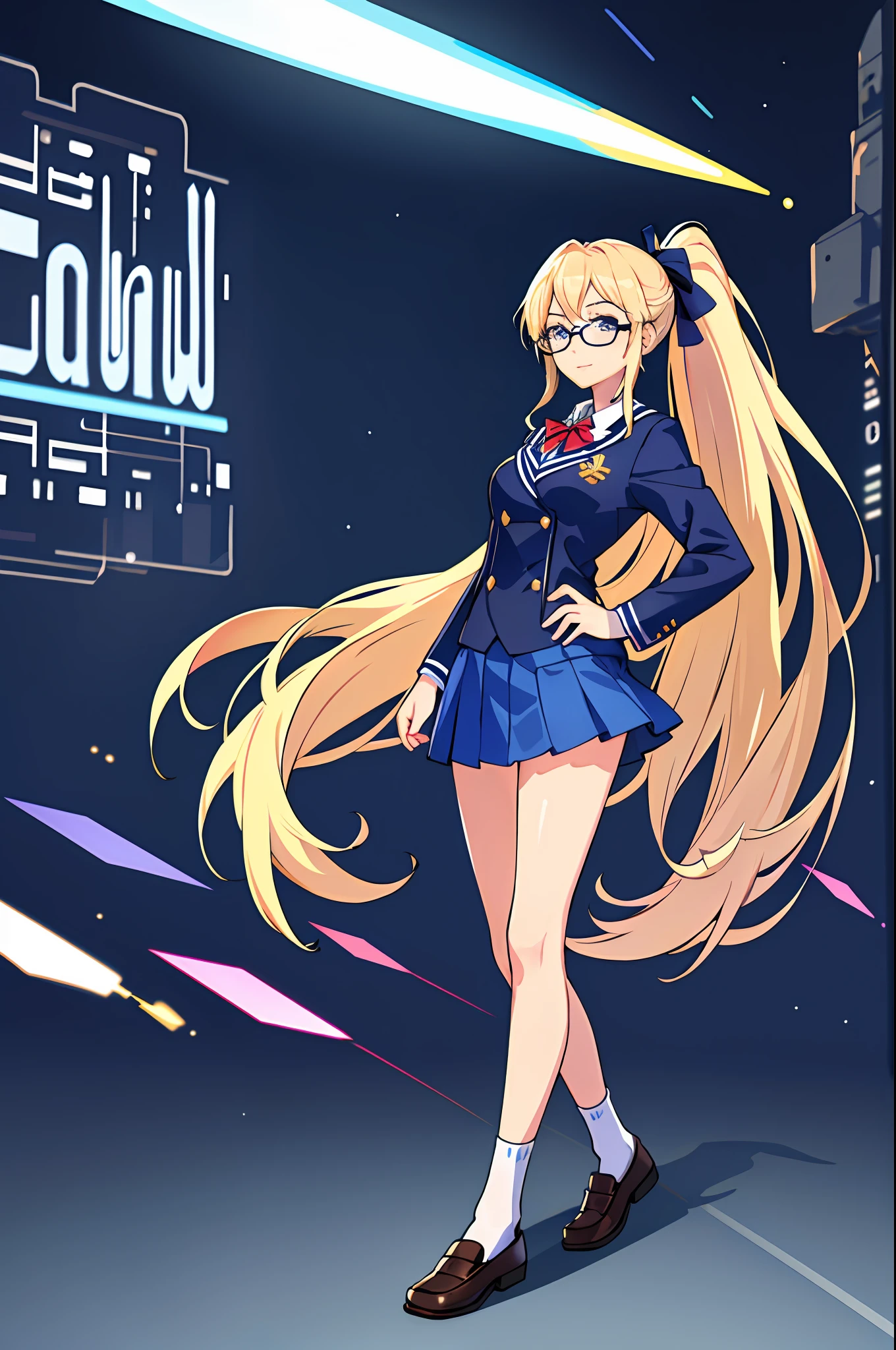masterpiece, best quality, highres, 1girl, solo, high school uniform, bare legs, aura, blue aura, looking at viewer, light particles, city backdrop, perfect hands, perfect eyes, powering up, perfect legs, perfect arms, perfect fingers, blonde hair, blue eyes, medium breasts, long hair, standing, hands on hip, closed fists, hair down, glasses, ponytail, matching socks, full body,
