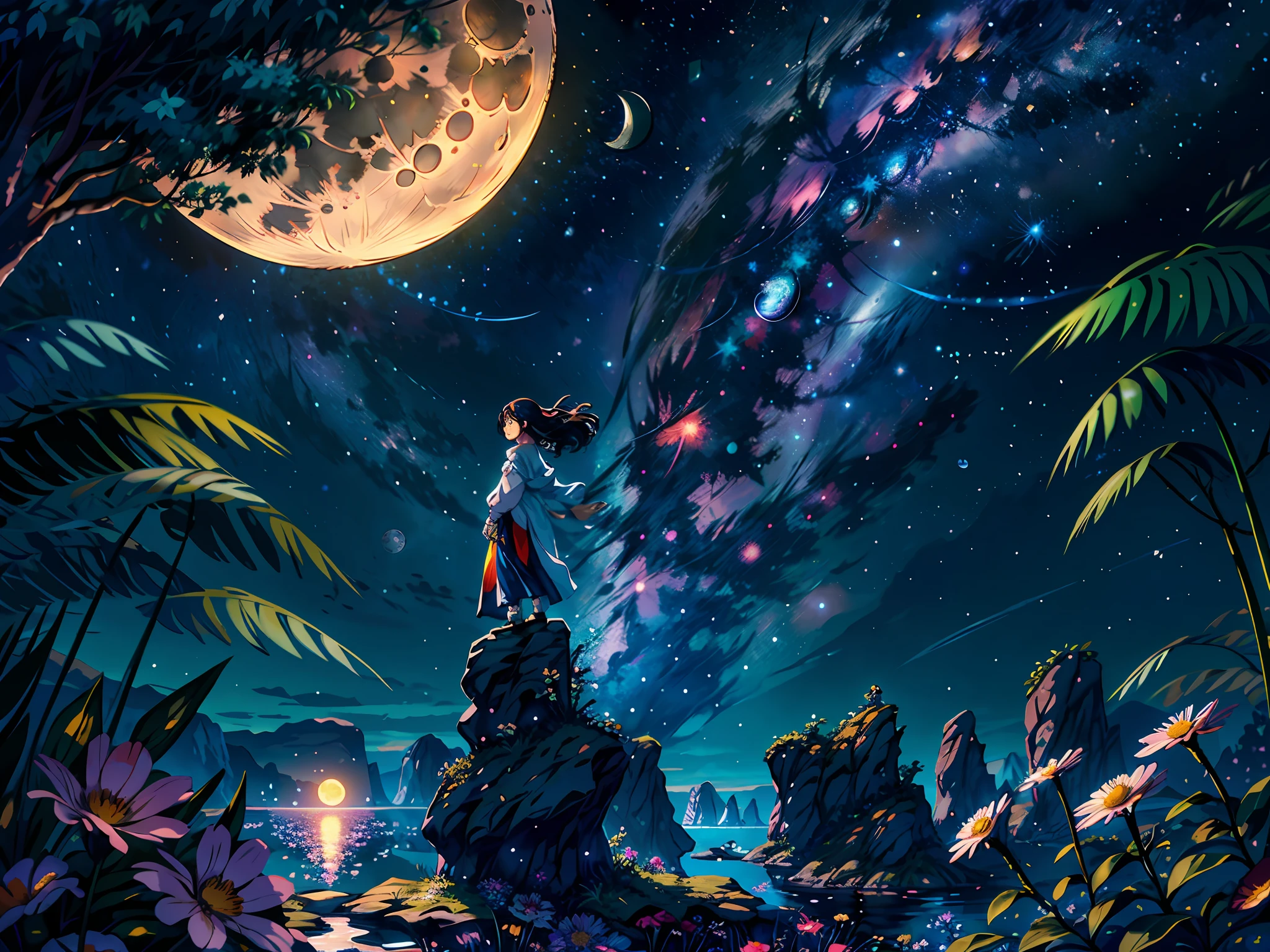 (masterpiece,best quality,highres,ultra_detailed:1.2),
(1girl,solo:1.2),anime face, tall body
(detailed_background),landscape,((night,moon,starry sky,milky_way:1.5)),dark,((flowers:1.6)), firefly, shooting star,reflective, colorful palette, anime painting,Makoto Shinkai
fantasy, light_particles,ruins:0.5, pond|river, stone forest|stone pillars, waterfall, cliff, sakura,floating,Style-Petal:0.5,mist:0.4,magic,octane render, bioluminescent,8K resolution concept art, realism,by Mappa studios,masterpiece,best quality,official art,illustration,ligne claire,(cool_color),perfect composition,absurdres, fantasy,focused,motion,(depth_of_field), extension image, red blue yellow
