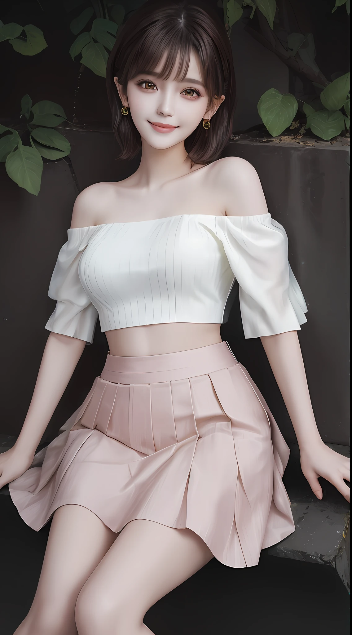 Perfect body structure, beautiful girl, Hallyu, lying silkworm, blush, smile, peach lips, dark brown, messy hair, stud earrings, yellow off-the-shoulder short top, white skirt, seen through bangs, outdoors.