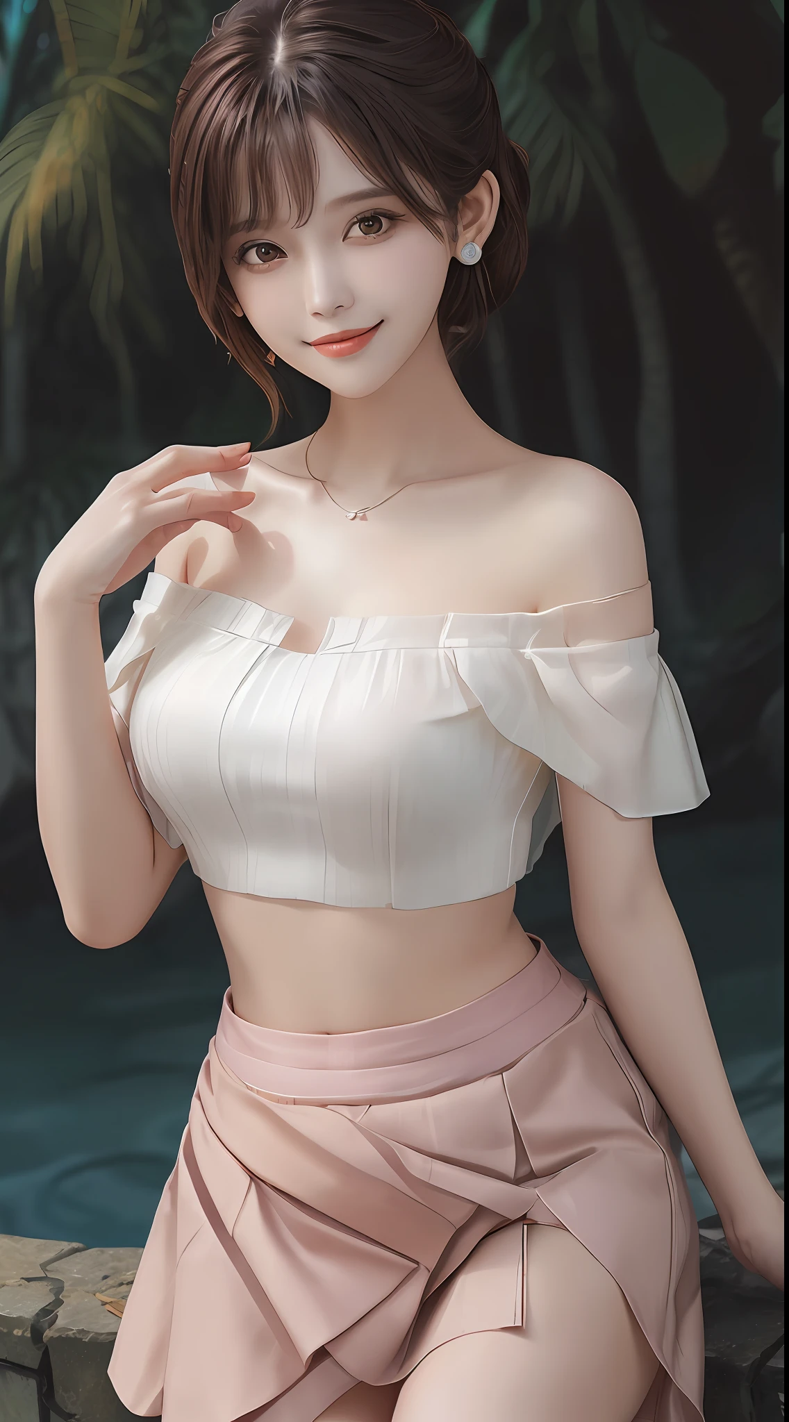 Perfect body structure, beautiful girl, Hallyu, lying silkworm, blush, smile, peach lips, dark brown, messy hair, stud earrings, yellow off-the-shoulder short top, white skirt, seen through bangs, outdoors.