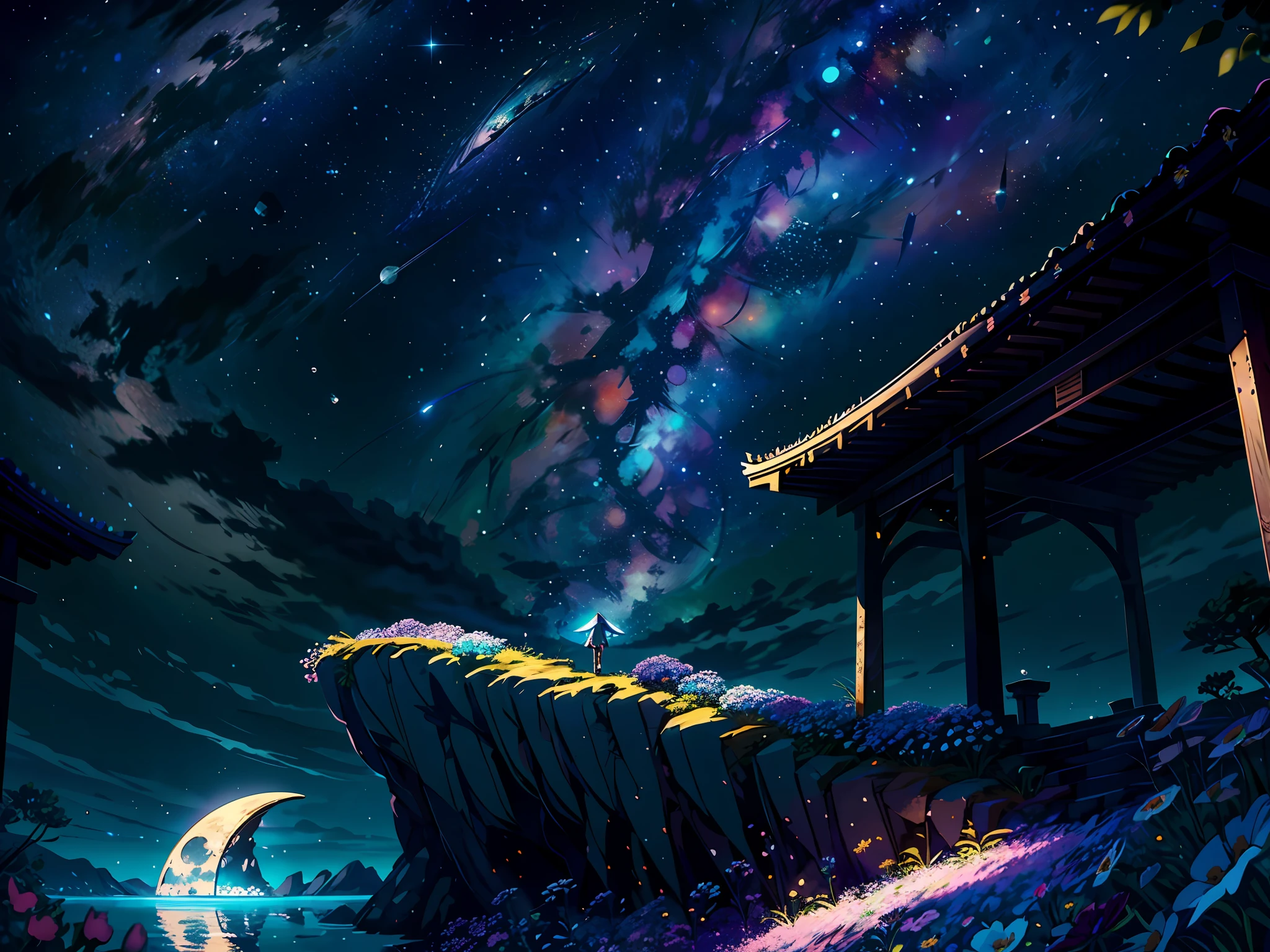 (masterpiece,best quality,highres,ultra_detailed:1.2),
(1girl,solo:1.2),anime face, tall body
(detailed_background),landscape,((night,moon,starry sky,milky_way:1.5)),dark,((flowers:1.6)), firefly, shooting star,reflective, colorful palette, anime painting,Makoto Shinkai 
fantasy, light_particles,ruins:0.5, pond|river, stone forest|stone pillars, waterfall, cliff, sakura,floating,Style-Petal:0.5,mist:0.4,magic,octane render, bioluminescent,8K resolution concept art, realism,by Mappa studios,masterpiece,best quality,official art,illustration,ligne claire,(cool_color),perfect composition,absurdres, fantasy,focused,motion,(depth_of_field), extension image, red blue yellow