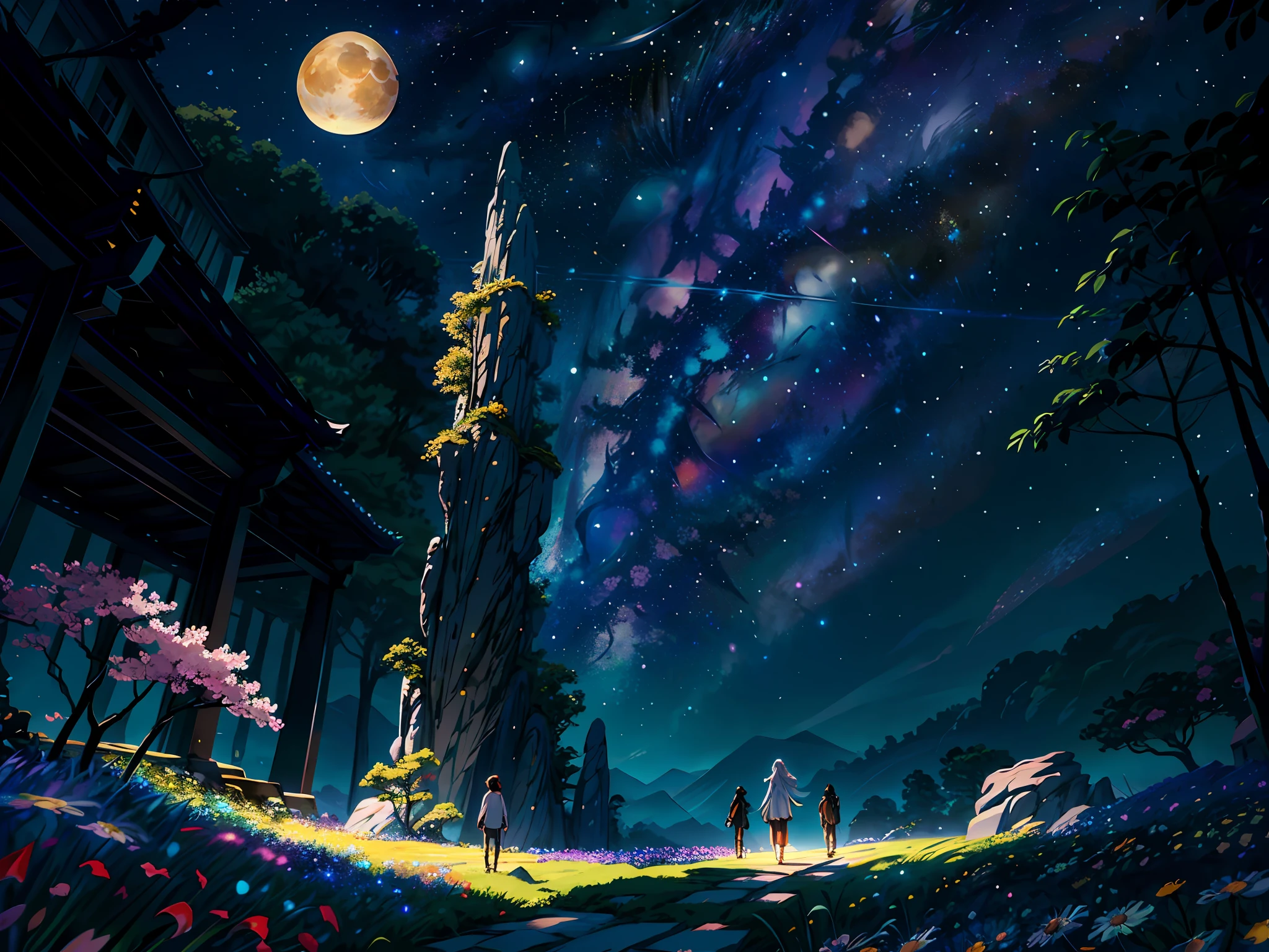 (masterpiece,best quality,highres,ultra_detailed:1.2),
(1girl,solo:1.2),anime face, tall body
(detailed_background),landscape,((night,moon,starry sky,milky_way:1.5)),dark,((flowers:1.6)), firefly, shooting star,reflective, colorful palette, anime painting,Makoto Shinkai 
fantasy, light_particles,ruins:0.5, pond|river, stone forest|stone pillars, waterfall, cliff, sakura,floating,Style-Petal:0.5,mist:0.4,magic,octane render, bioluminescent,8K resolution concept art, realism,by Mappa studios,masterpiece,best quality,official art,illustration,ligne claire,(cool_color),perfect composition,absurdres, fantasy,focused,motion,(depth_of_field), extension image, red blue yellow