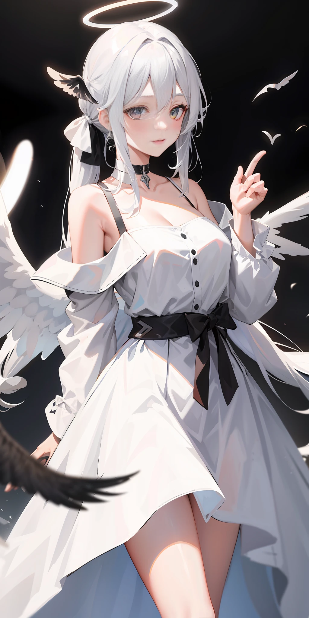 cowboy shot, (black wings:1.2), very long hair, side ponytail, choker, holding, off shoulder, (white dress:1.3), white jacket,halo,