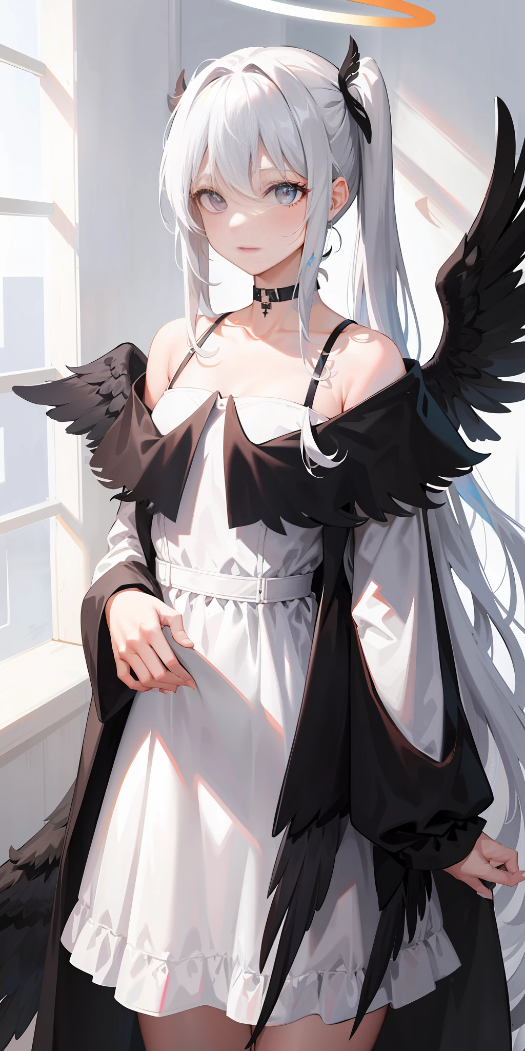 cowboy shot, (black wings:1.2), very long hair, side ponytail, choker, holding, off shoulder, (white dress:1.3), white jacket,halo,