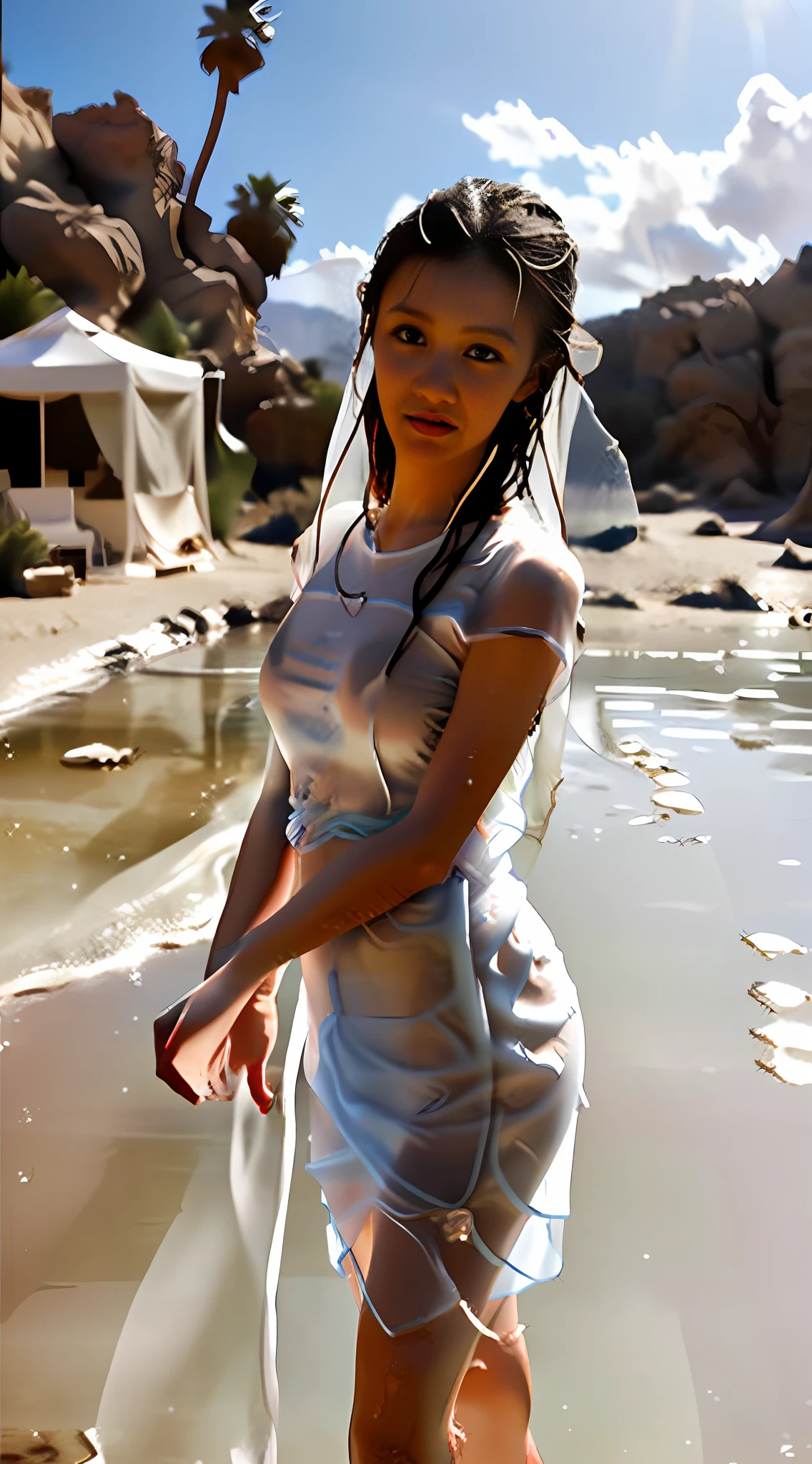 Nudity on top, Transparent very small organza string, without bra, wet string, wet , medium camel toe, pubic hair, transparent pubic hair trough organza very small strings, latina 30 years old beautiful girl in a shower on desert oasis scenery , large bobs, multi lighting, without clothes