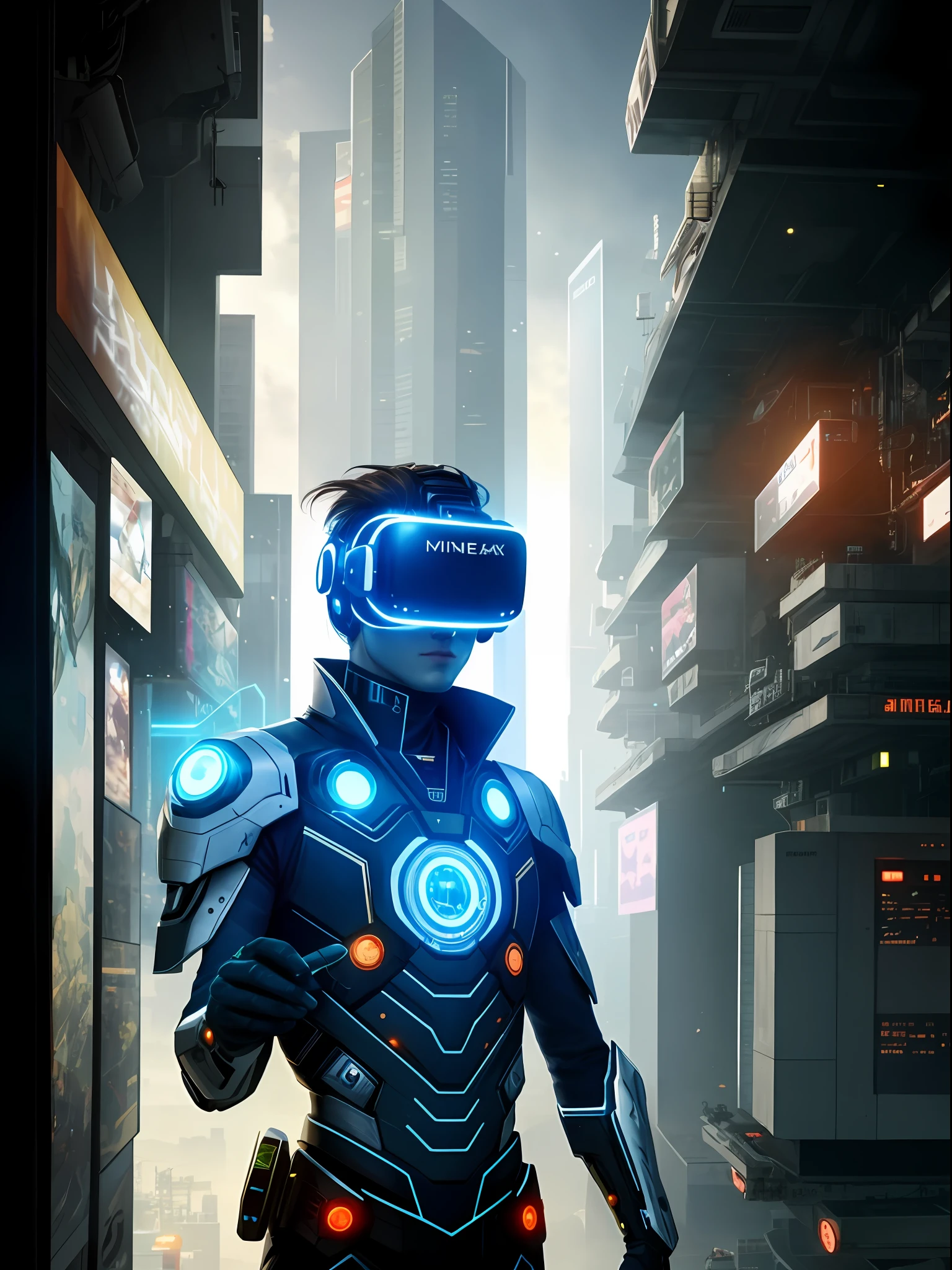 (4K, Best Picture Quality) A handsome guy in a futuristic suit, virtual reality equipment, VR goggles, teenage biopunk cyborg, cyberpunk transhumanist, immersive
