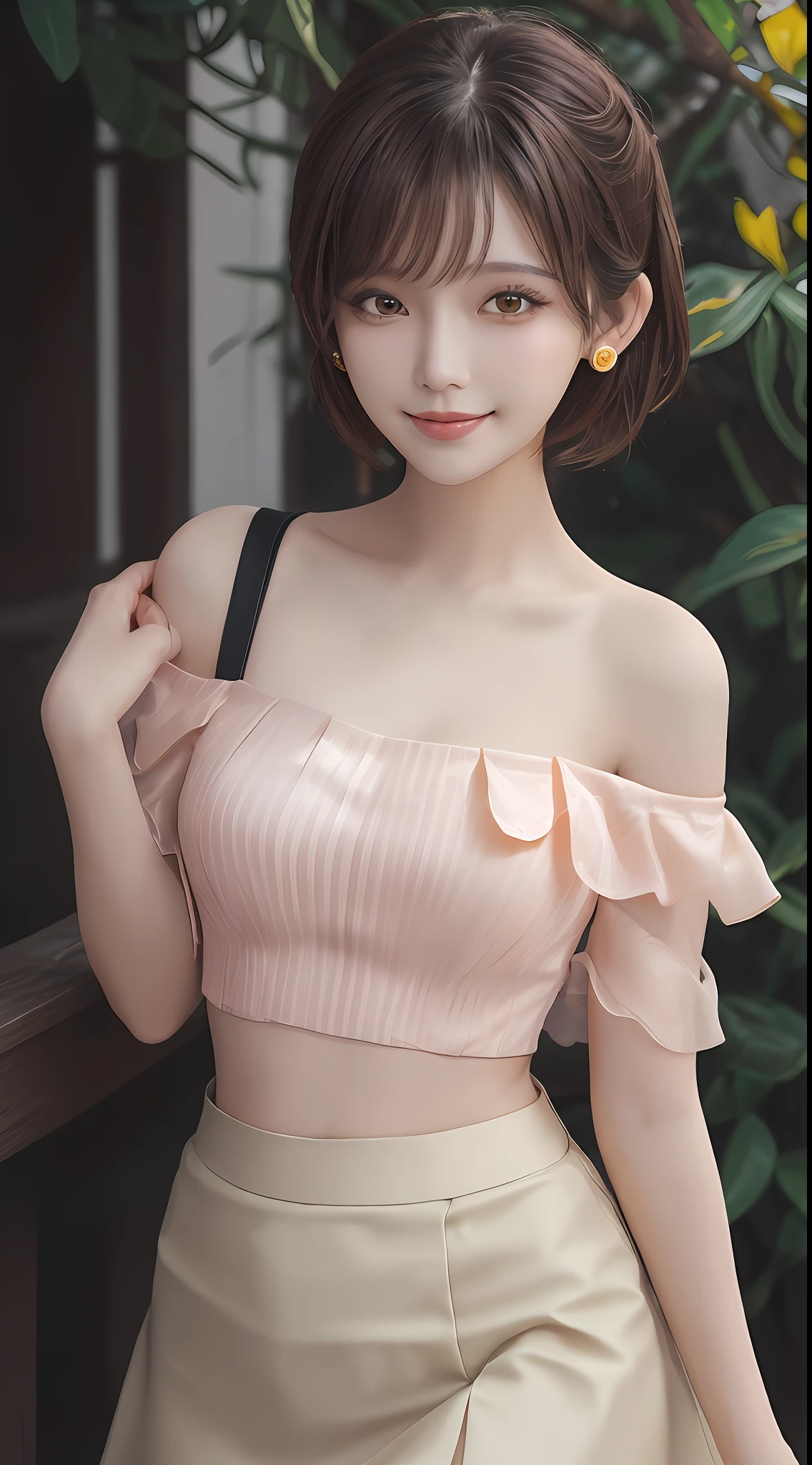 Perfect body structure, beautiful girl, Hallyu, lying silkworm, blush, smile, peach lips, dark brown, messy hair, stud earrings, yellow off-the-shoulder short top, white skirt, seen through bangs, outdoors.