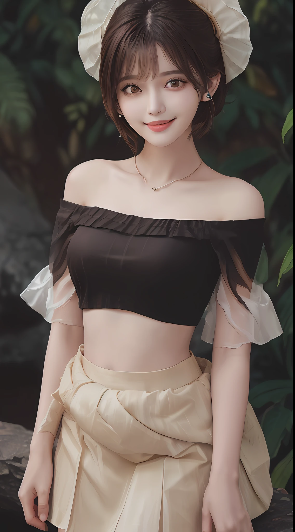 Perfect body structure, beautiful girl, Hallyu, lying silkworm, blush, smile, peach lips, dark brown, messy hair, stud earrings, yellow off-the-shoulder short top, white skirt, seen through bangs, outdoors.