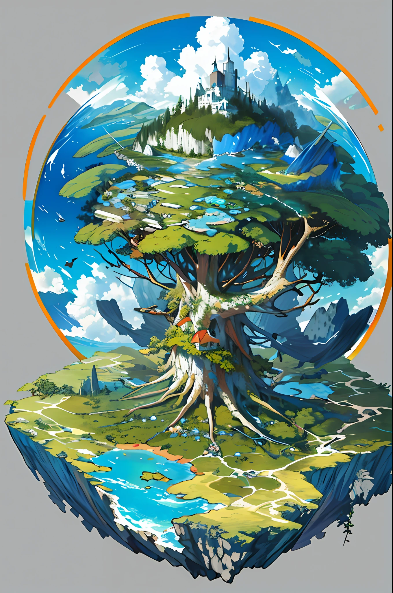 ((Masterpiece)), (Best Quality), (Ultra Detailed), (Illustration), (High Detail), (High Quality), (High Resolution), (No People)), An island growing on a tree with several layers and different landmasses on it,