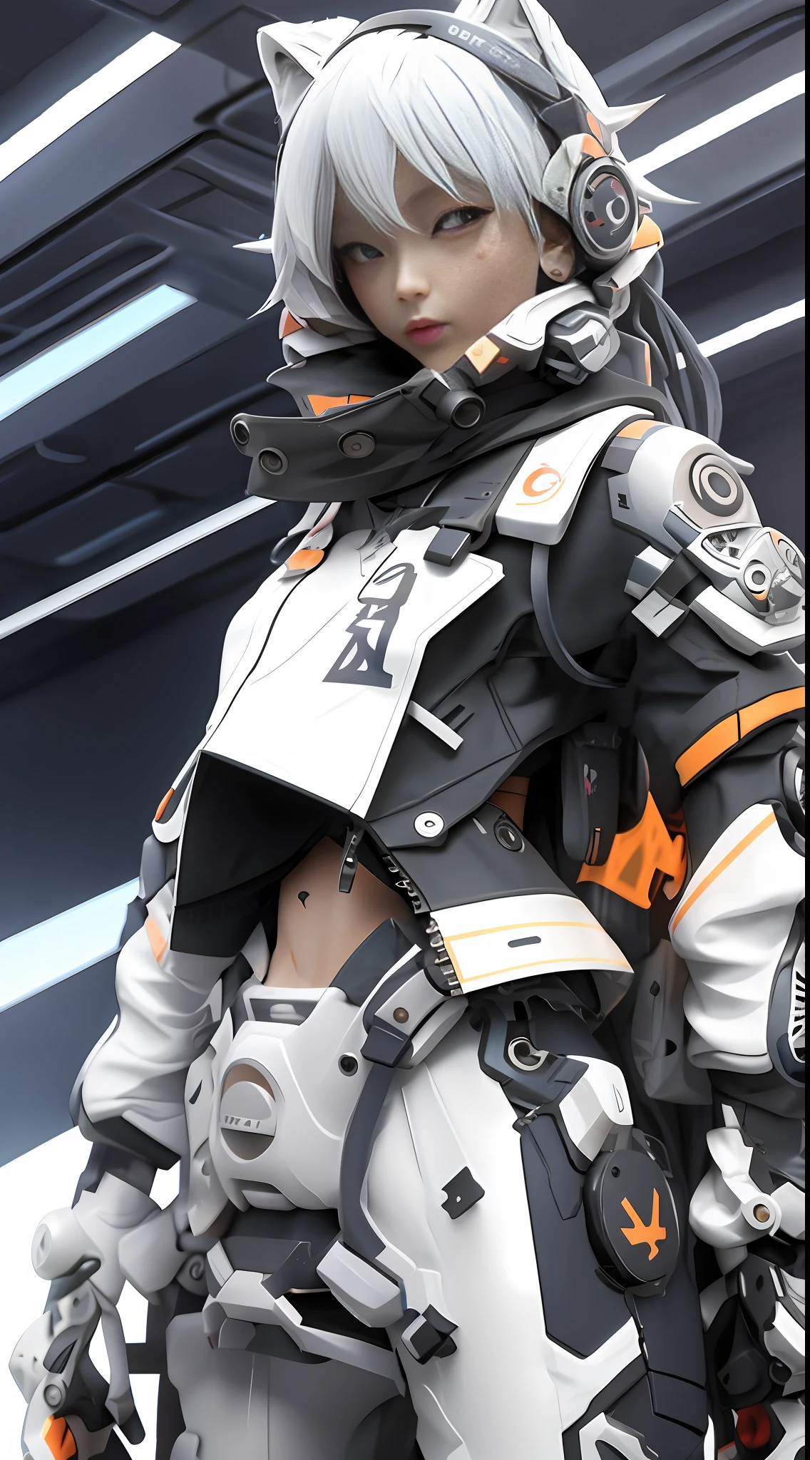 asymmetrical 3D rendering, chrome flying around, a half body shot of a sexy girl, Chaos And Order