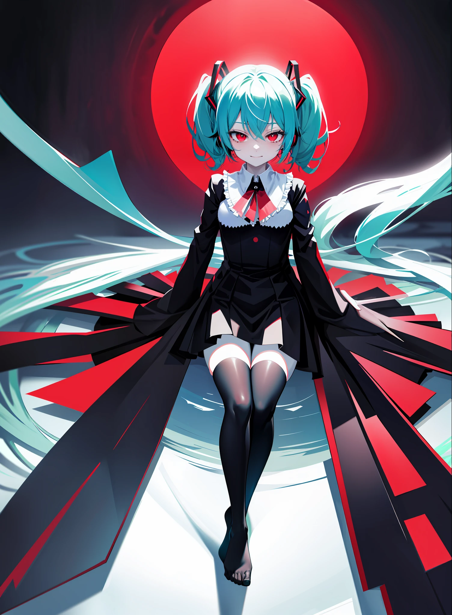 Miku, naughty facial expressions, naughty smells, erotic, sitting poses, stockings, brainwashing, red eyes, black clothes, evil smiles, dark aura, evil aura, dark household, black villain costume,