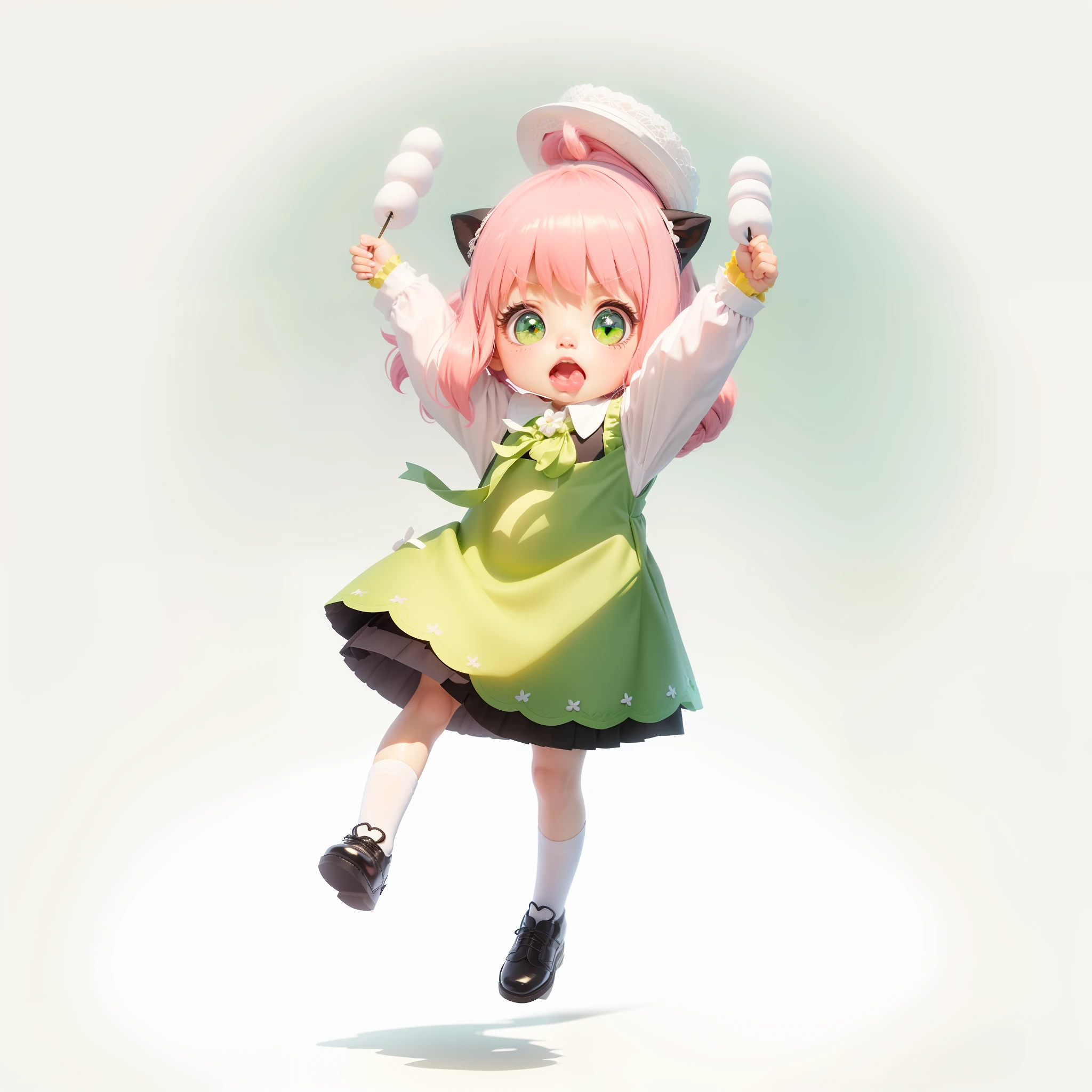 Blind Box toy style, a cute little girl with pink hair, green eyes, green short skirt, lace, white lining, with braided hat, black cat ear decoration, white flower bow tie, yellow silk tie, white lace socks, small leather shoes, open mouth, toothless