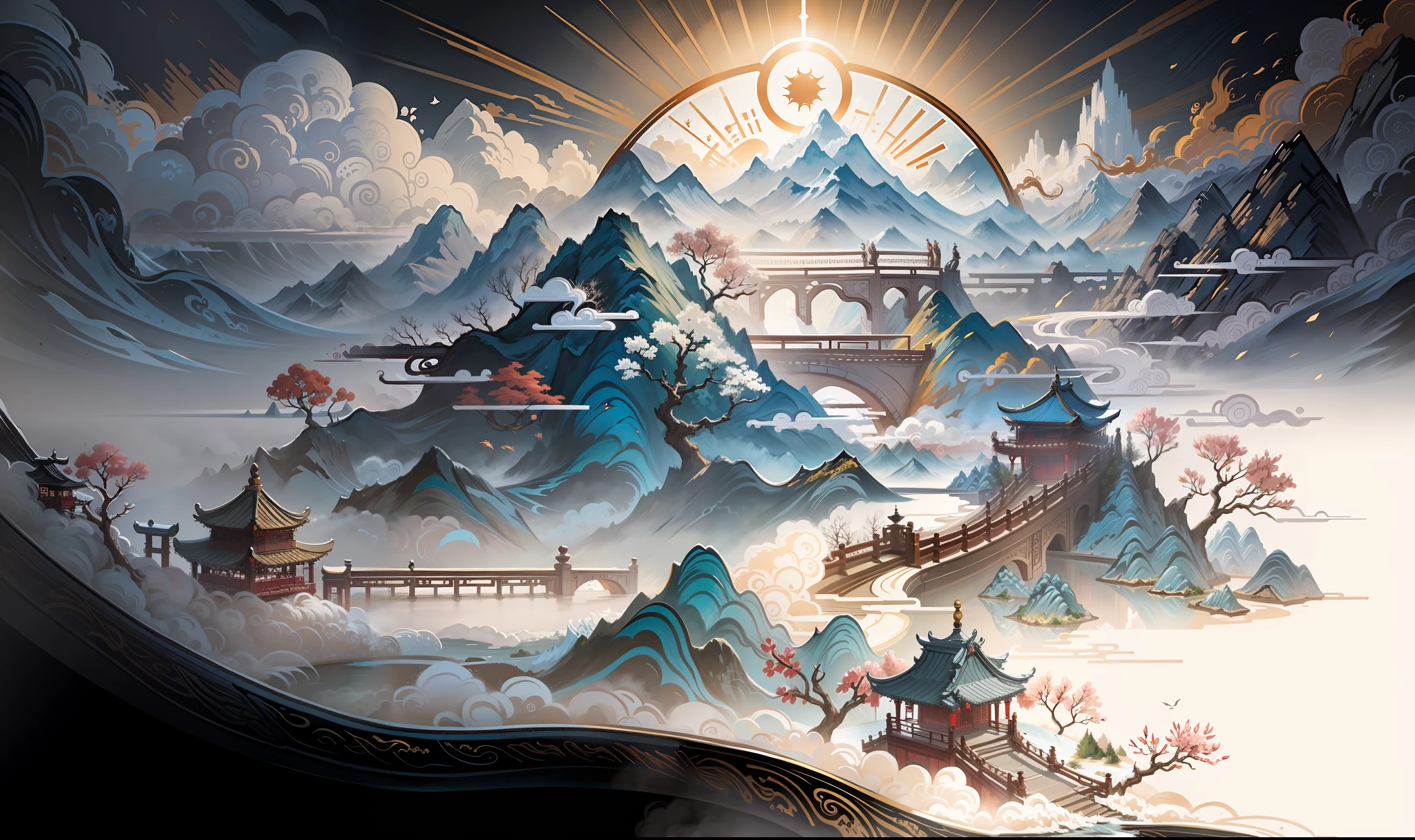 Ancient Chinese scenery, mountains, rivers, auspicious clouds, sunshine, white background, masterpiece, super detail, epic composition, Ultra HD, high quality, extremely detailed, official art, unified 8k wallpaper, Super detail, 32k -- v 6