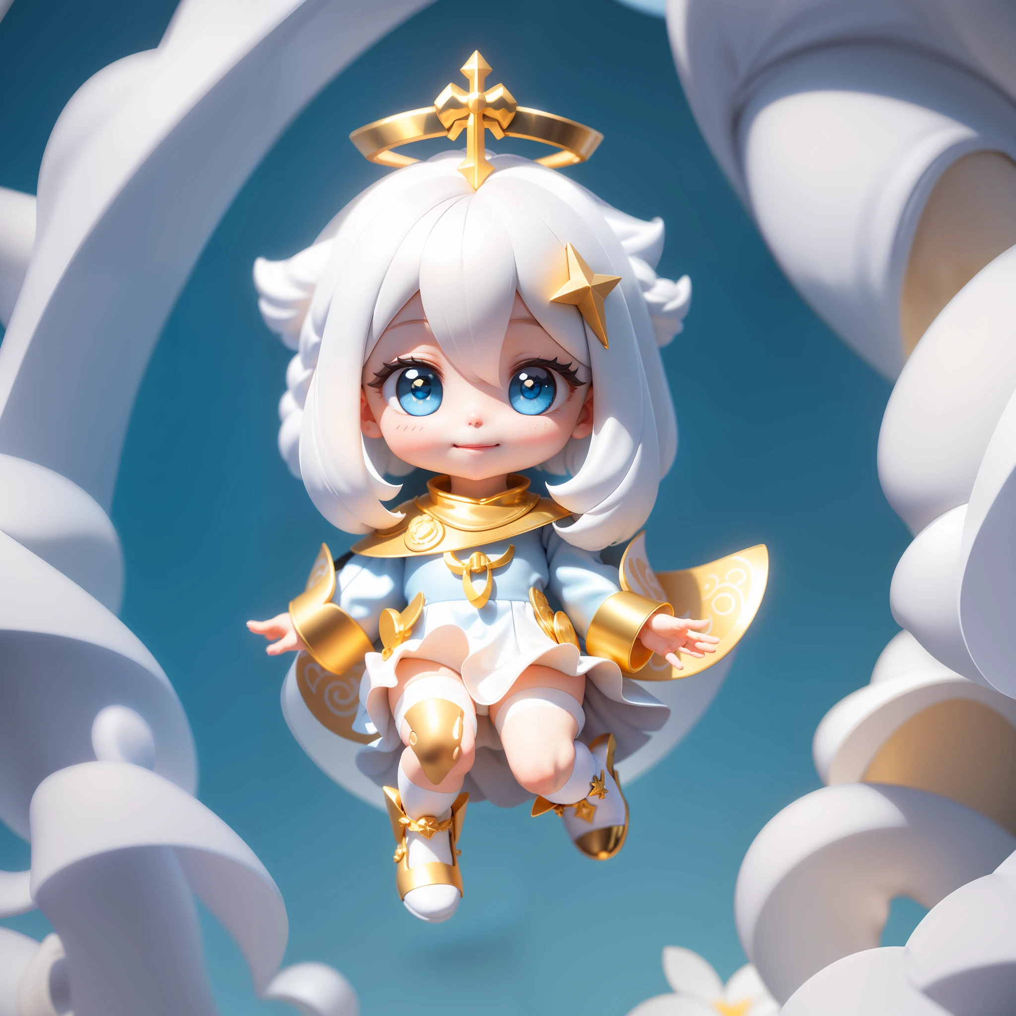 Blind Box toy style, a cute with white hair, white clothes, golden ring hair ornament, smile, jumpsuit with gold pattern decoration on top, pale gold cuffs, pale gold shoes, white stockings on right leg, white bloomers, blush, black bib, black diamond hair ornament, blue big eyes starlight, white socks, starry blue gradient three-section cape