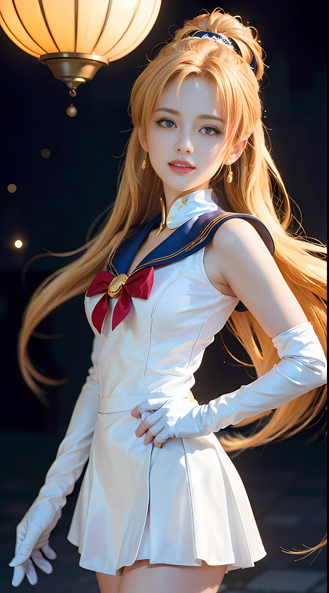 (CG Unity 8K wallpaper with extreme detail, masterpiece, highest quality), (exquisite lighting and shadow, highly dramatic picture, cinematic lens effect), (Sailor Moon: 1.1), charming smile, double tail, vibrant blue eyes, looking at the viewer with blond hair, white tight-fitting top, white gloves, mini skirt, dynamic pose), the background is the universe (excellent detail, excellent lighting, wide angle), (excellent rendering, enough to stand out in its class),