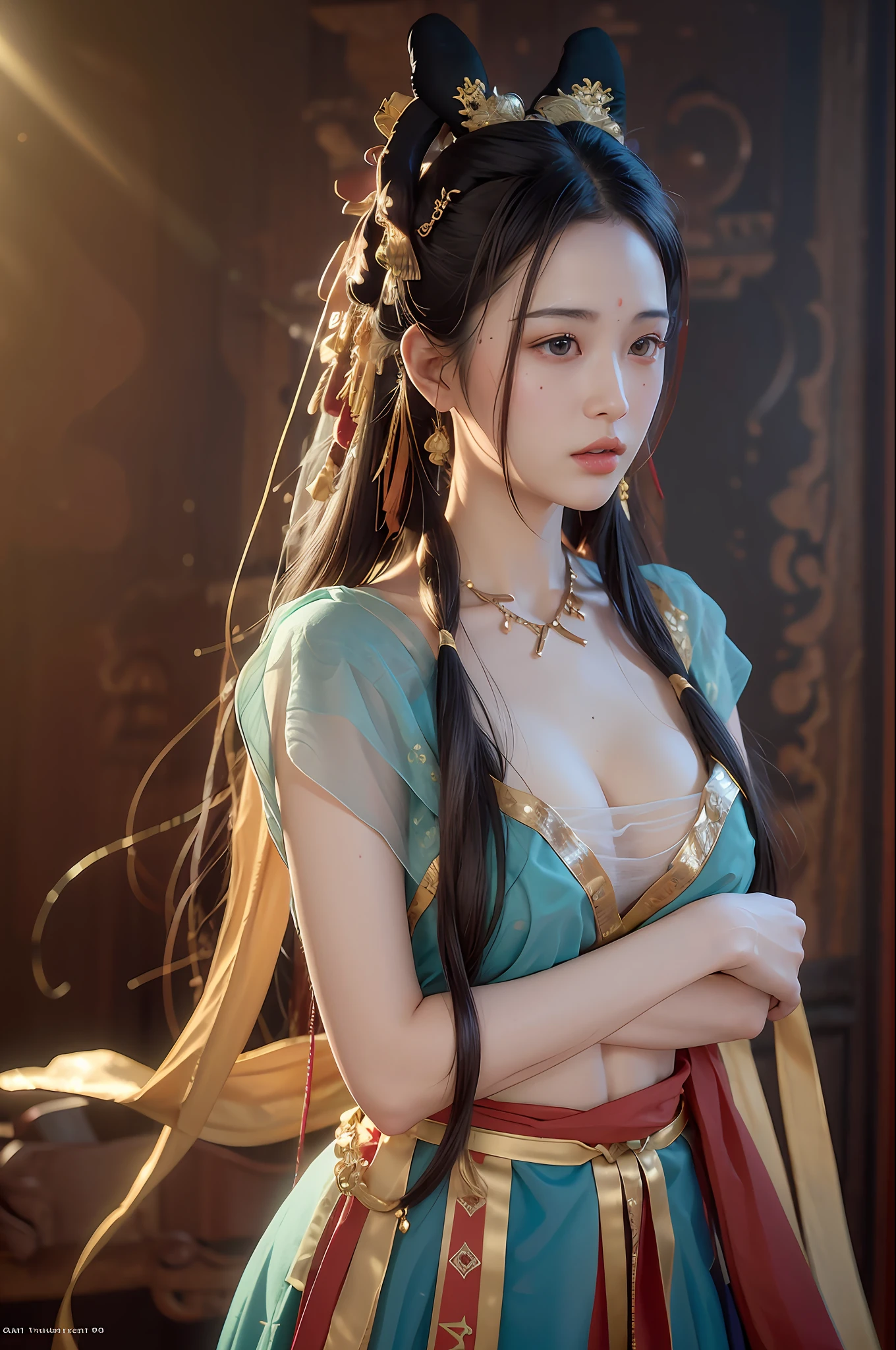 nsfw,(RAW photo, best quality),(realistic, photo-realistic:1.3),best quality,highly detailed,masterpiece,ultra-detailed,illustration,1girl,upper_body,dynamic angle,world masterpiece theater,messy_long_hair,best quality,extremely detailed CG unity 8k wallpaper,ink,Amazing,cinematic lighting,lens_flare,dunhuang_style,