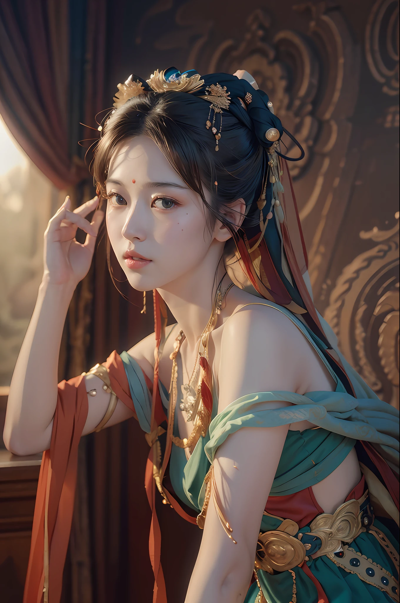 nsfw,(RAW photo, best quality),(realistic, photo-realistic:1.3),best quality,highly detailed,masterpiece,ultra-detailed,illustration,1girl,upper_body,dynamic angle,world masterpiece theater,messy_long_hair,best quality,extremely detailed CG unity 8k wallpaper,ink,Amazing,cinematic lighting,lens_flare,dunhuang_style,