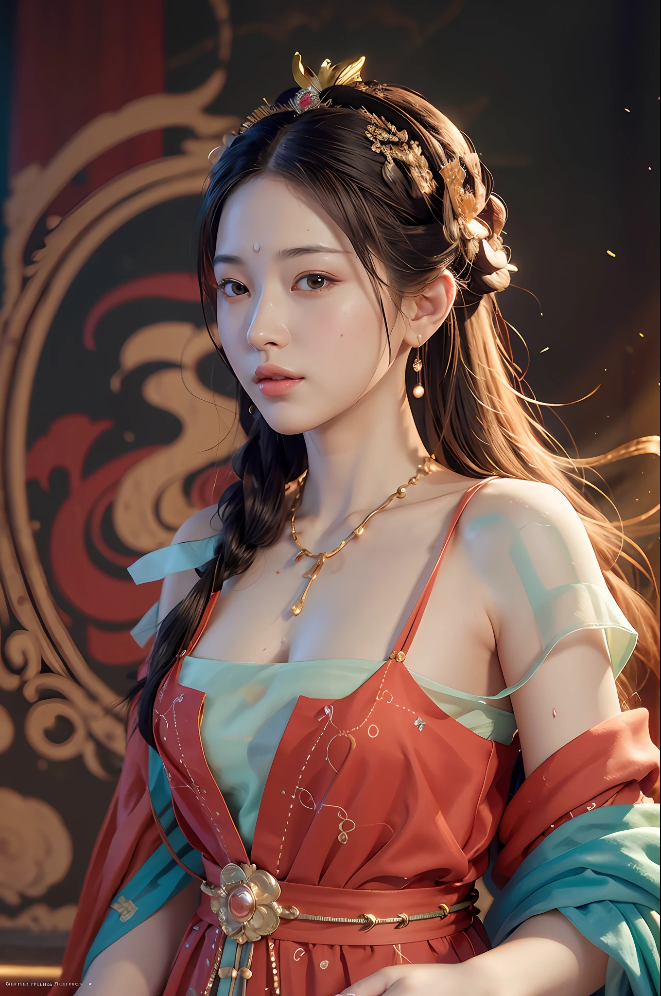nsfw,(RAW photo, best quality),(realistic, photo-realistic:1.3),best quality,highly detailed,masterpiece,ultra-detailed,illustration,1girl,upper_body,dynamic angle,world masterpiece theater,messy_long_hair,best quality,extremely detailed CG unity 8k wallpaper,ink,Amazing,cinematic lighting,lens_flare,dunhuang_style,