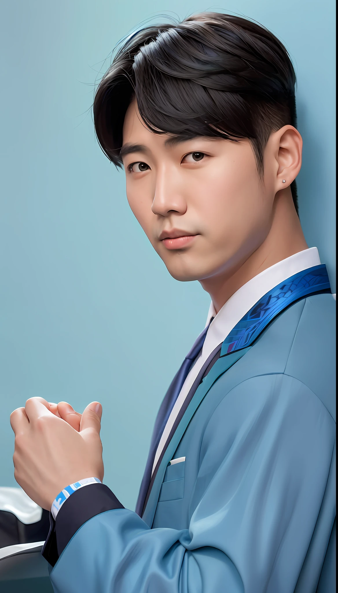 araffe asian man in blue shirt and tie standing in front of a blue wall, inspired by jeonseok lee, jinyoung shin, inspired by Zhang Han, inspired by Yanjun Cheng, hong june hyung, cai xukun, hyung tae, yanjun chengt, heise jinyao, inspired by Byeon Sang-byeok, siwoo kim