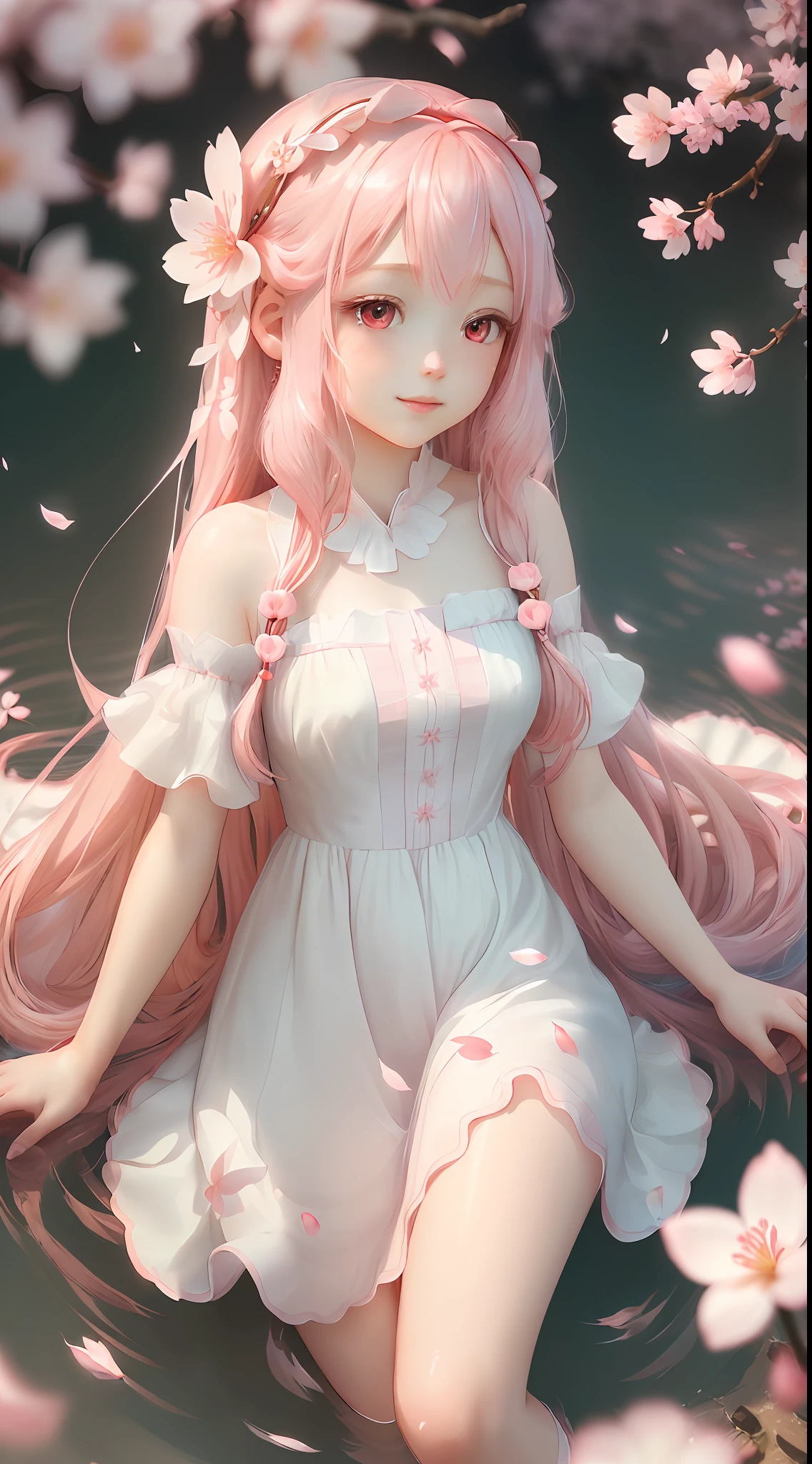 (extremely detailed CG unity 8k wallpaper)(best quality)(best illumination)(an extremely delicate and beautiful)(floating)(gorgeous)(spring vibe)(1girl)(long pink hair),(hairband),(detailed and beautiful red eyes),(white dress),(cherry blossom petals),(dof),(volumetric light)