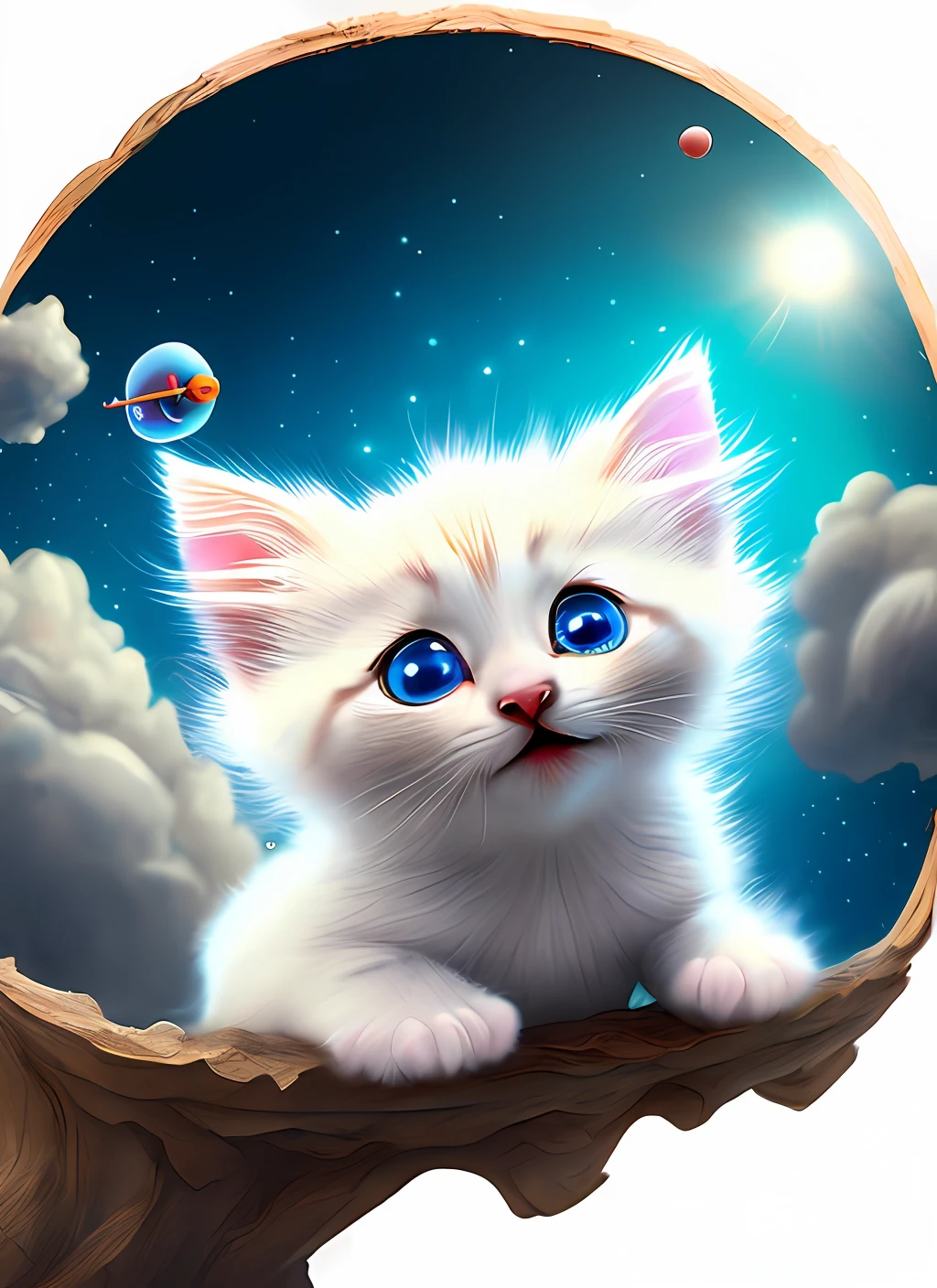 Pixar style, 3D, little cute and cute white-haired kitten Superman, floating in space, big eyes, laughter, excitement, Jean-Baptiste Monge, anthropomorphic, dramatic lighting