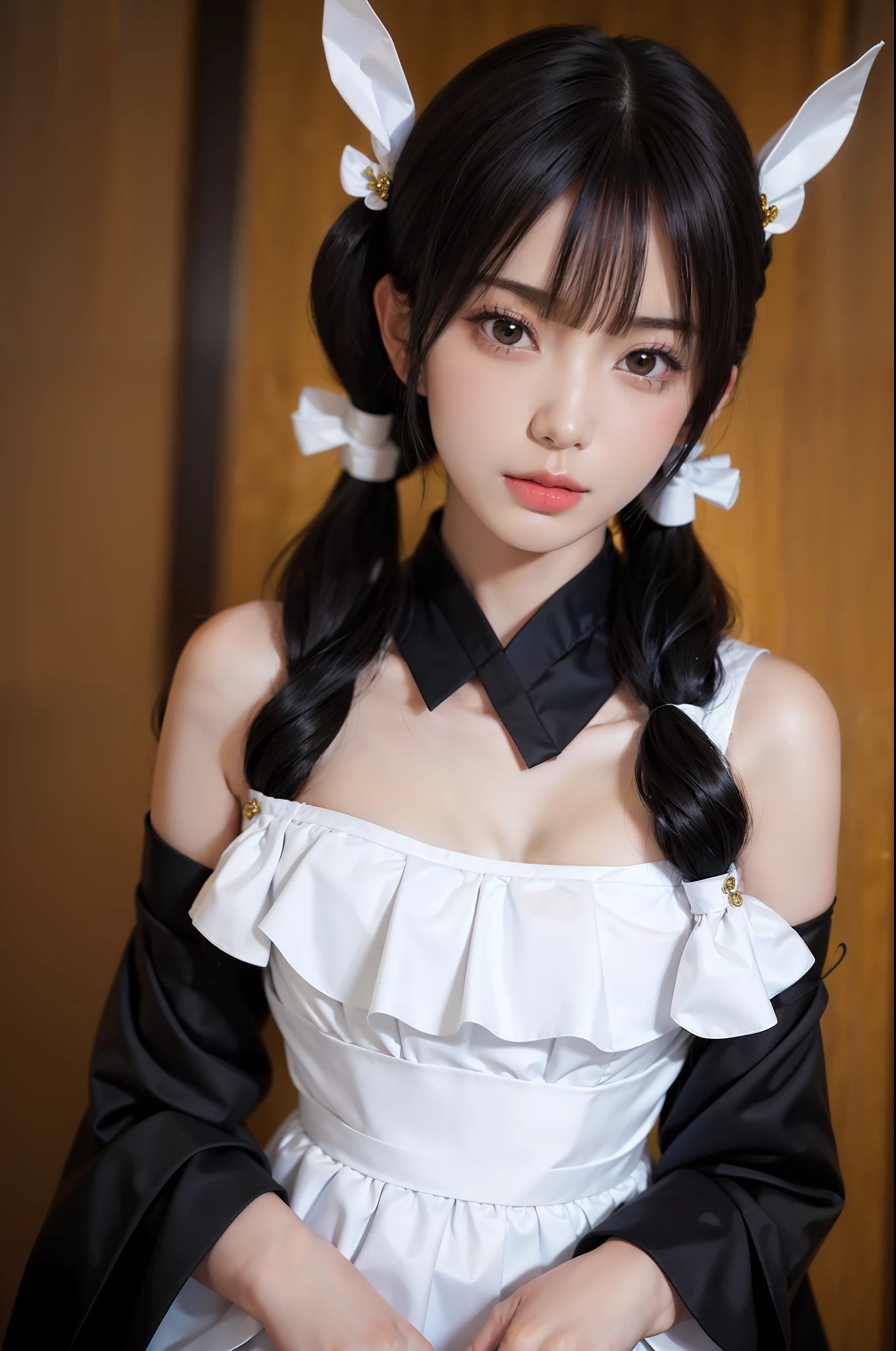 best quality, (photorealistic:1.2), 1girl, solo, shiny skin, detailed face, face focus, standing, black hair,(hair ornament:1.35), twintails, japanese clothing, ribbon sleeves, split sleeves, ribbon trim, wide sleeves, (Looking at the audience: 1.5) long hair, black eyes, bangs, underwear, lips,