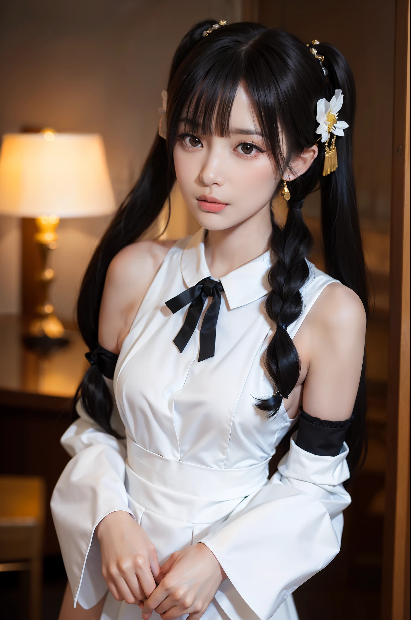 best quality, (photorealistic:1.2), 1girl, solo, shiny skin, detailed face, face focus, standing, black hair,(hair ornament:1.35), twintails, japanese clothing, ribbon sleeves, split sleeves, ribbon trim, wide sleeves, (Looking at the audience: 1.5) long hair, black eyes, bangs, underwear, lips,