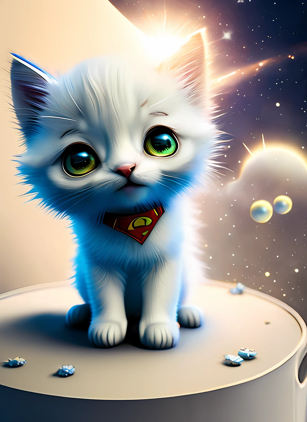 Pixar style, 3D, little cute and cute white-haired kitten Superman, floating in space, big eyes, laughter, excitement, Jean-Baptiste Monge, anthropomorphic, dramatic lighting