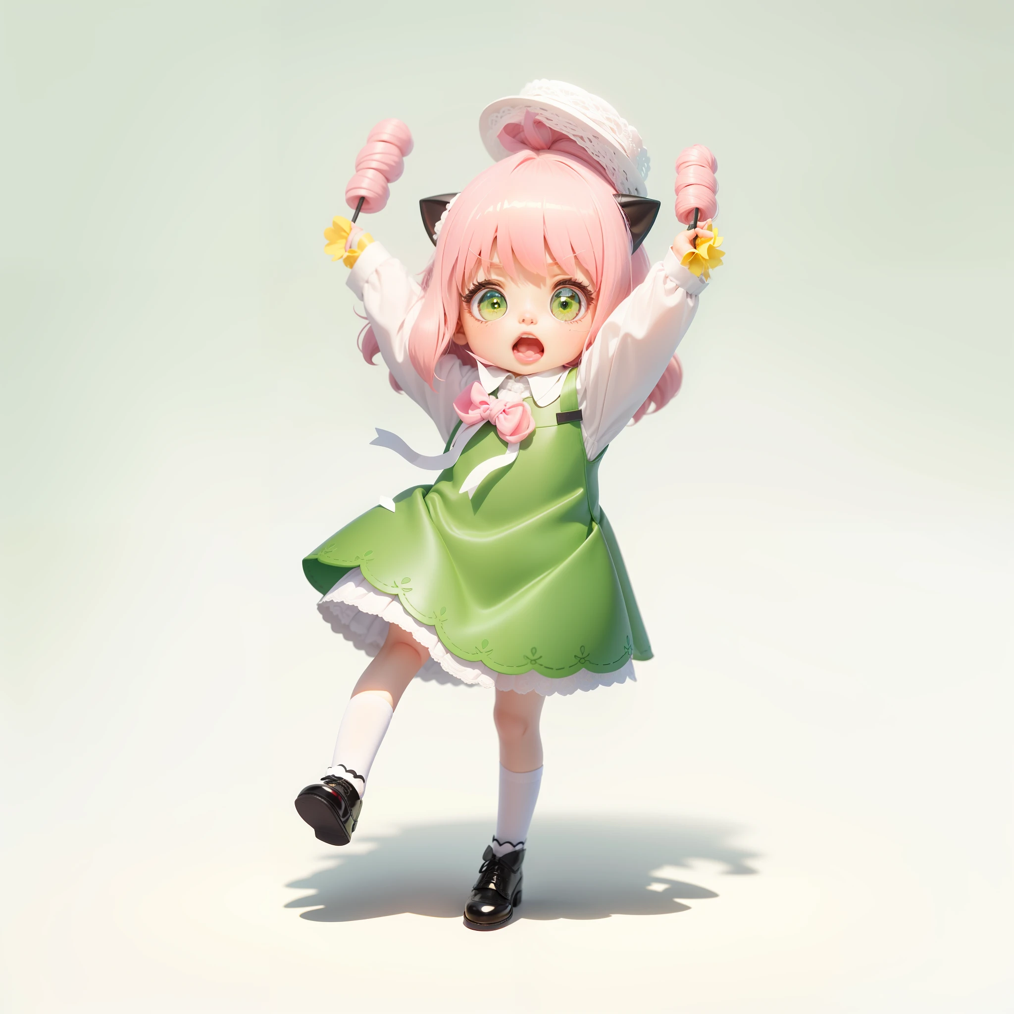 Blind Box toy style, a cute little girl with pink hair, green eyes, green short skirt, lace, white lining, with braided hat, black cat ear decoration, white flower bow tie, yellow silk tie, white lace socks, small leather shoes, open mouth, toothless