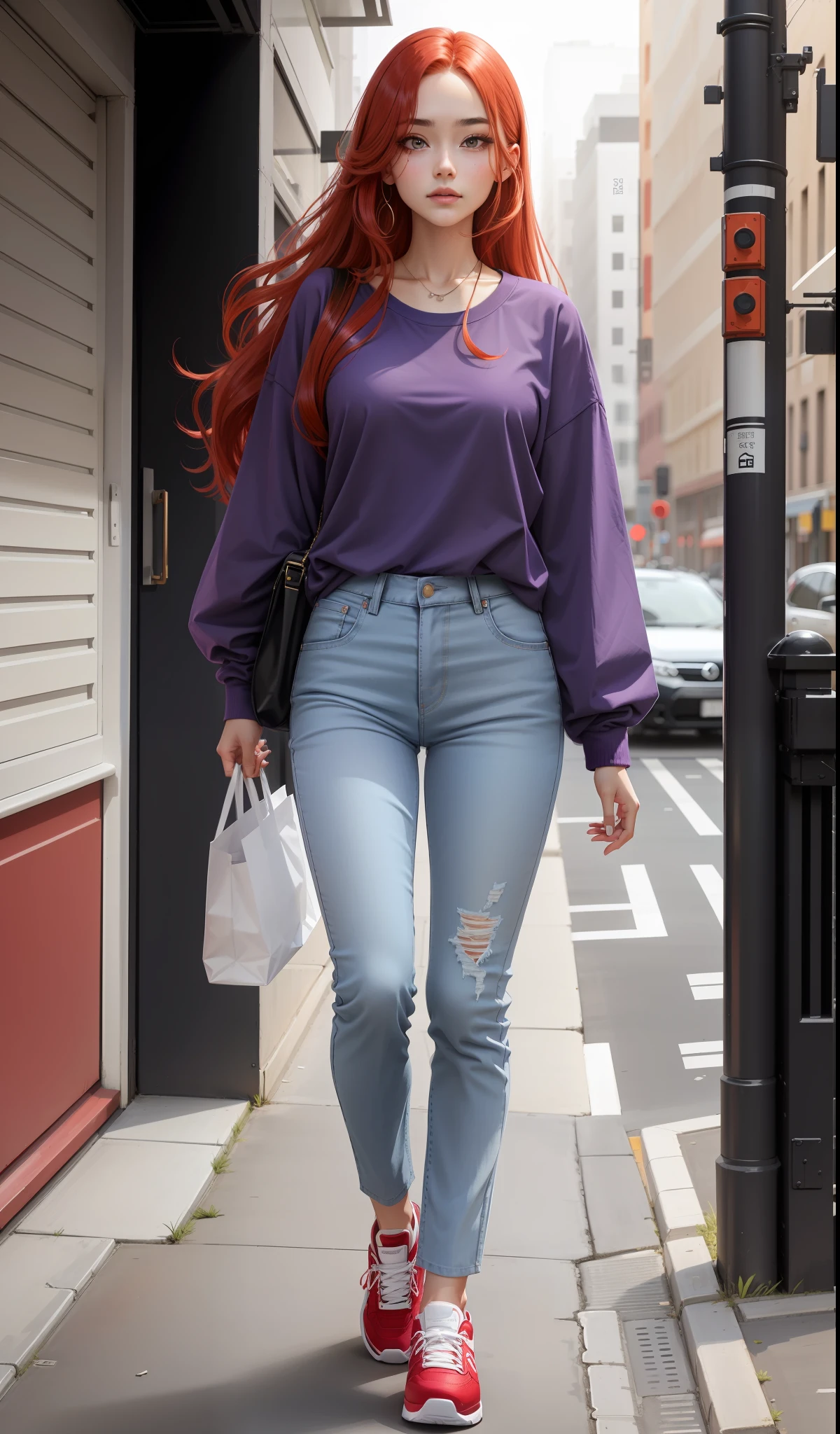 a woman in a purple shirt and blue pants, simple style, wearing elegant casual clothes, muted purple, simple clothes, milk and red style, casual clothing style, modern fashion outfit, wearing a fisher , casual modern clothing, inspo, red clothes, red pants, neutral tones, rred and white color scheme, casual business outfit, scary face, nike shoes, 22 years old, adult face, long hair, ((red hair))