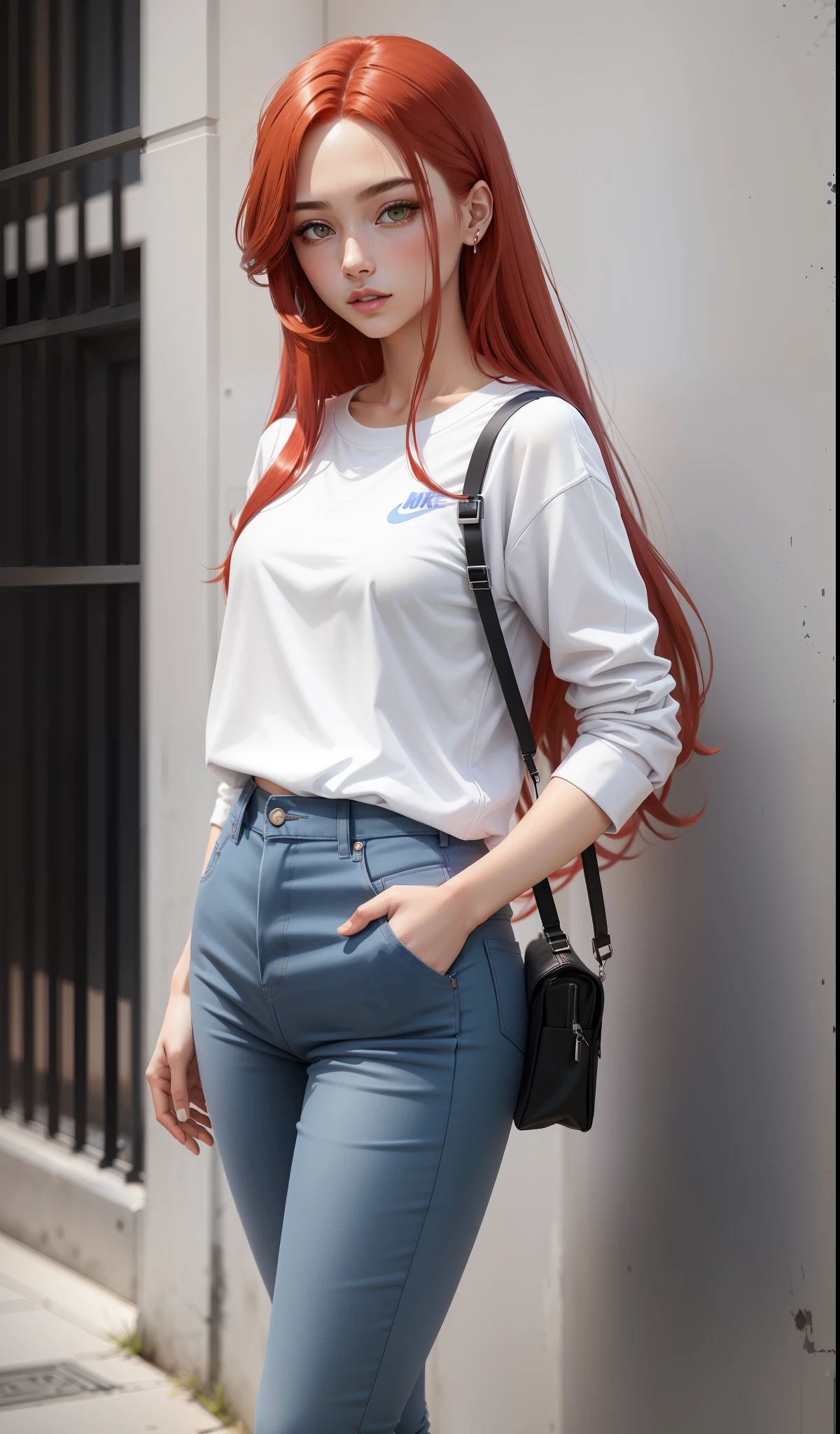 a woman in a purple shirt and blue pants, simple style, wearing elegant casual clothes, muted purple, simple clothes, milk and red style, casual clothing style, modern fashion outfit, wearing a fisher , casual modern clothing, inspo, red clothes, red pants, neutral tones, rred and white color scheme, casual business outfit, scary face, nike shoes, 22 years old, adult face, long hair, ((red hair))