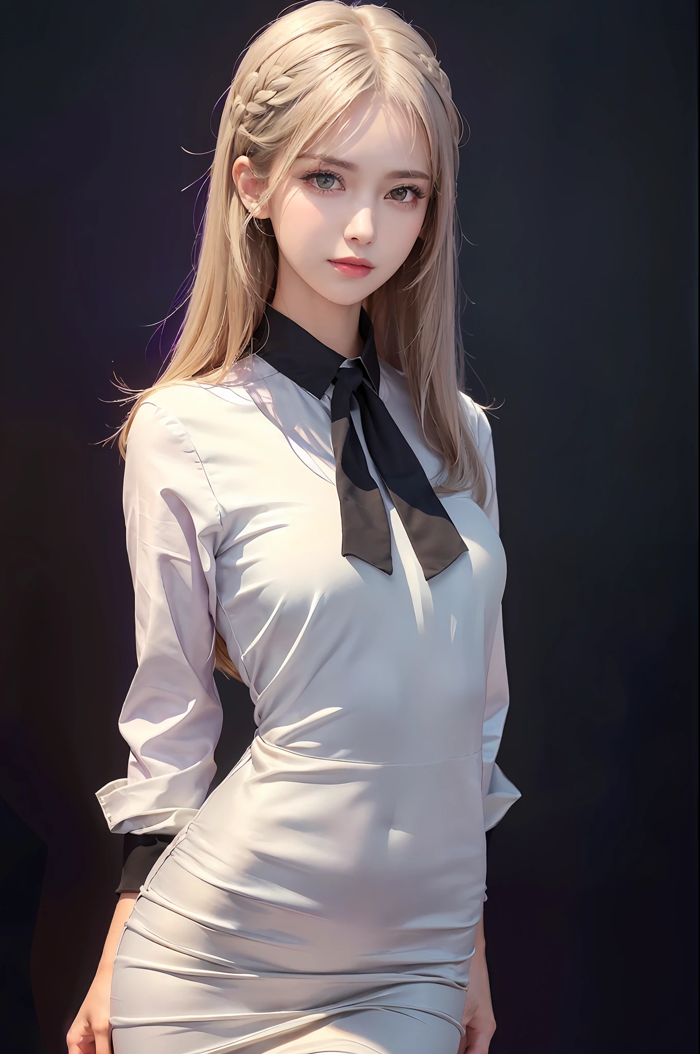 1girl,beautiful vintage color, instagram (photorealistic, high resolution:1.4), ((puffy eyes)), looking at viewer, , full body (8k, RAW photo, best quality, masterpiece:1.2), (realistic, photo-realistic:1.37),(sharp focus:1.2), professional lighting, photon mapping, radiosity, physically-based rendering, (pale skin:1.2),(small breasts:1.2), looking at viewer, (middle hair:1.5), portrait, purple eyes, (sliver hair:1.1),bangs, (simple background:1.4), solo, upper body, realistic,(masterpiece:1.4),(best quality:1.4),(shiny skin),fashi-girl,makeup,smile(skinny,closed mouth,shy :1.3) ,(standing,black Stewardess uniform,Necromancer:1.1),medium bust,sexy pose ,