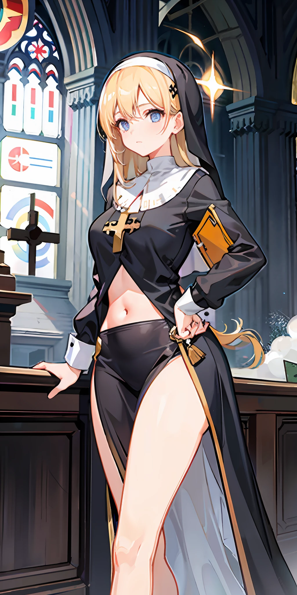 Adult female, steam age, British, blond hair, church, nun dress, navel