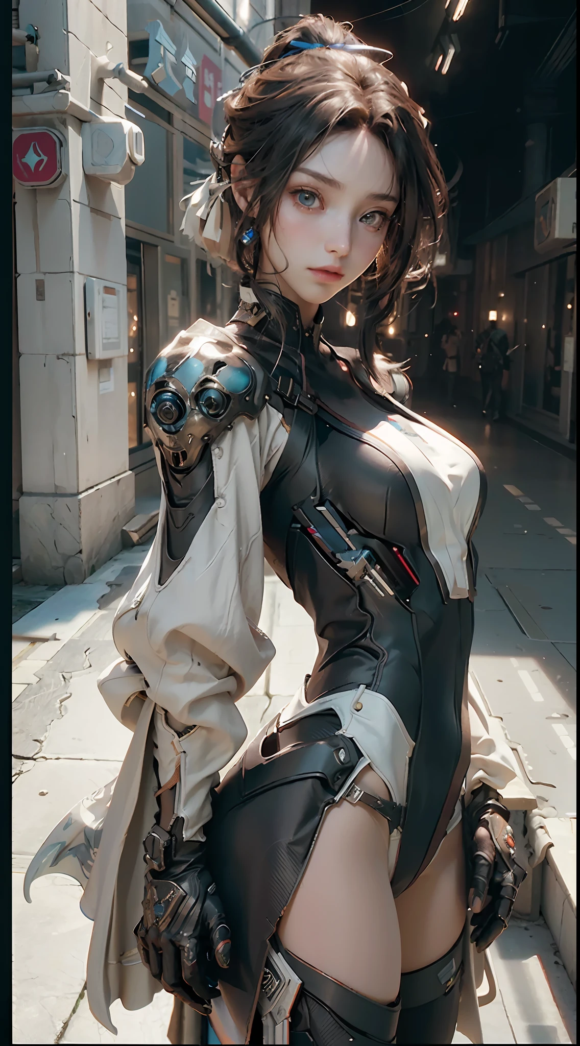 ((Best quality)), ((masterpiece)), (detailed:1.4), 3D, an image of a beautiful cyberpunk female,HDR (High Dynamic Range),Ray Tracing,NVIDIA RTX,Super-Resolution,Unreal 5,Subsurface scattering,PBR Texturing,Post-processing,Anisotropic Filtering,Depth-of-field,Maximum clarity and sharpness,Multi-layered textures,Albedo and Specular maps,Surface shading,Accurate simulation of light-material interaction,Perfect proportions,Octane Render,Two-tone lighting,Wide aperture,Low ISO,White balance,Rule of thirds,8K RAW,